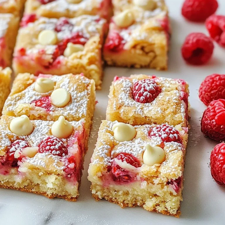 To make Raspberry White Chocolate Blondies, you need a few key ingredients: - 1 cup unsalted butter, melted - 1 ½ cups brown sugar, packed - 2 large eggs - 2 teaspoons vanilla extract - 2 cups all-purpose flour - ½ teaspoon baking powder - ¼ teaspoon salt - 1 cup white chocolate chips - 1 cup fresh raspberries Each ingredient plays a vital role in the recipe. The butter gives the blondies a rich flavor and soft texture. Brown sugar adds moisture and a hint of caramel taste. Eggs help bind the mixture, making it rise and hold its shape. Vanilla extract enhances the sweetness and overall flavor. All-purpose flour gives structure, while baking powder adds lightness. Salt balances the sweetness. Finally, white chocolate chips and fresh raspberries bring bursts of flavor, adding sweetness and tartness. If you want to adjust for dietary needs, you can make some easy swaps. Instead of unsalted butter, try coconut oil for a dairy-free option. For eggs, use flaxseed meal or applesauce as a binder. If you need a gluten-free version, use almond flour or a gluten-free flour blend instead. For the white chocolate, you can use a different type like dark chocolate or even a dairy-free version. This can change the taste but keeps it delicious. Choosing quality ingredients matters in baking. For white chocolate, I love using brands like Ghirardelli or Guittard. They melt well and taste great. For butter, I recommend Kerrygold for its rich flavor. Using good ingredients helps make sure your blondies are tasty and satisfying. {{ingredient_image_1}} To start, you need to prepare your baking pan. I always use a 9x9-inch pan for this recipe. Grease it with butter or cooking spray. You can also line it with parchment paper for easier removal. If using parchment, let it hang over the edges. This makes lifting out the blondies simple. Next, let's mix the batter. In a big bowl, whisk the melted butter and brown sugar together. Make sure they blend well and look smooth. Then, add the eggs one by one. Mix well after each egg goes in. Now stir in the vanilla extract. In another bowl, combine the flour, baking powder, and salt. Add the dry mix to the wet mix slowly. Stir until just combined. Avoid over-mixing; we want a smooth batter. Finally, fold in the white chocolate chips and fresh raspberries gently. Be careful not to break the raspberries too much. Now it’s time to bake. Preheat your oven to 350°F (175°C). Pour the batter into your prepared pan and spread it evenly. Bake for 25 to 30 minutes. You want the edges to look golden. To check for doneness, insert a toothpick into the center. If it comes out with a few moist crumbs, your blondies are ready! Let them cool in the pan for at least 15 minutes before removing. Cut them into squares, and enjoy your tasty treat! To get the best texture in your blondies, avoid over-mixing the batter. Mix just until the ingredients blend. Over-mixing can make them tough. When you add fresh raspberries, fold them in gently. This keeps them whole and juicy. If you mash them too much, they can turn the batter pink. You can enhance the flavor in many ways. Try adding nuts like walnuts or pecans for crunch. A pinch of cinnamon can also add warmth. Feel free to mix in other fruits with raspberries. Blueberries or strawberries pair well and add fun colors. For a beautiful finish, serve your blondies dusted with powdered sugar. This adds a sweet touch and looks great. You can also add more fresh fruits on the side. A few raspberries or even slices of strawberries make a nice presentation. Pro Tips Use Room Temperature Eggs: Allow your eggs to sit at room temperature for about 30 minutes before using them. This helps to create a smoother batter and promotes even baking. Don’t Overmix: When combining the dry ingredients with the wet, stir until just combined. Overmixing can lead to tough blondies instead of the desired fudgy texture. Fresh Raspberries Are Best: Use fresh raspberries for the best flavor and texture. If using frozen, do not thaw them before adding to the batter to prevent excess moisture. Cool Before Cutting: Allow the blondies to cool completely in the pan before cutting. This helps them set up properly and makes for cleaner slices. {{image_2}} To make gluten-free Raspberry White Chocolate Blondies, swap the all-purpose flour for gluten-free flour. Use a blend that contains xanthan gum for the best texture. Brands like Bob's Red Mill or King Arthur Flour work well. These will help keep the blondies soft and chewy without gluten. For a vegan version, replace eggs with flax eggs. To make one flax egg, mix one tablespoon of ground flaxseed with three tablespoons of water. Let it sit for five minutes to thicken. Use coconut oil instead of butter to keep it dairy-free. This will give your blondies a nice richness. You can have fun with the chocolate too. Try using dark or milk chocolate chips instead of white chocolate. This change will give a deeper flavor. Adding citrus zest, like lemon or orange, can brighten the taste. Just a teaspoon will add a fresh twist to the blondies. To keep your blondies fresh at room temperature, place them in an airtight container. This helps prevent them from getting dry. You can also cover them tightly with plastic wrap. Make sure to store them in a cool, dry place away from direct sunlight. If you want to save blondies for later, freezing is a great option. First, let them cool completely. Then, wrap each square in plastic wrap. Place the wrapped squares in a freezer bag or container. When you're ready to enjoy one, take it out and let it thaw at room temperature. To keep them moist, you can also warm them slightly in the oven. When stored properly, blondies stay fresh for about a week at room temperature. In the fridge, they last for up to ten days. If frozen, they can be kept for about three months. Watch for signs of spoilage like a change in smell or texture. If they look dry or hard, it’s best to toss them out. Yes, you can use frozen raspberries! They work well in this recipe. Just remember to thaw them first. Drain any extra juice to avoid a soggy batter. This keeps the blondies nice and firm. Frozen raspberries also add a great flavor. They may break apart more, so fold them in gently. This way, you keep some whole berries for a pretty look. You can tell your blondies are done by looking at them. The edges should be a light golden color. The top should look set and not shiny. You can use a toothpick to test for doneness. Insert it into the center; if it comes out with a few moist crumbs, they are ready. If it comes out wet, bake them a bit longer. Yes, you can make these blondies ahead of time! They stay fresh for a few days at room temperature. Just store them in an airtight container. If you want to make them even earlier, you can freeze them. Cut them into squares and freeze them in a single layer. Once frozen, put them in a container. Just thaw them for a few hours before serving. They will still taste great! Raspberry White Chocolate Blondies are a fun treat. We explored key ingredients and their roles, along with substitutions for dietary needs. I shared tips for prepping your pan, mixing the batter, and baking to perfection. I also highlighted ways to customize and serve your blondies creatively. Remember, quality ingredients make a big difference. These blondies are easy to adapt, so enjoy experimenting. With proper storage, they can last a while, letting you savor them later. Now, go bake and delight in these sweet, berry-filled bars!