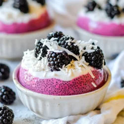 To make blackberry coconut chia pudding, you'll need the following simple ingredients: - 1 cup coconut milk - 1/4 cup chia seeds - 2 tablespoons maple syrup or honey - 1 teaspoon vanilla extract - 1 cup fresh blackberries (plus extra for topping) - 1/4 cup shredded coconut - Pinch of salt Each ingredient plays a key role in the pudding's flavor and texture. The coconut milk gives a rich and creamy base. The chia seeds thicken the mixture and add a nice crunch. Maple syrup or honey provides sweetness, while vanilla extract adds depth. Fresh blackberries bring a burst of tartness. Shredded coconut adds texture and flavor, while a pinch of salt balances all the tastes. You can use canned or carton coconut milk. Both work well. If you're in the mood for something sweeter, try honey instead of maple syrup. Just remember, adjust to your taste! When choosing blackberries, look for ones that are plump and shiny. This ensures they are ripe and full of flavor. Don't forget to save some for the topping. They make your pudding look beautiful and inviting! {{ingredient_image_1}} - Combining ingredients: In a medium bowl, mix 1 cup of coconut milk, 1/4 cup of chia seeds, 2 tablespoons of maple syrup, 1 teaspoon of vanilla extract, and a pinch of salt. Whisk it all together until you see no lumps. This gives the pudding a rich and creamy base. - Initial resting period: Let the mixture sit for about 5 minutes. This step helps the chia seeds absorb the liquid. After 5 minutes, whisk it again to keep the seeds from clumping together. - Refrigeration time: Cover the bowl and place it in the fridge. Chill for at least 2 hours, or overnight if you can wait. This waiting time allows the chia pudding to thicken up nicely. - Layering process for serving: Once the chia pudding is set, you can start layering it. Grab some serving glasses or bowls. Begin with a layer of the thick chia pudding. Next, add a layer of fresh blackberries, then sprinkle a bit of shredded coconut on top. - Garnishing tips: Repeat this layering until your glasses are full. End with a layer of blackberries on top. For a beautiful finish, sprinkle more shredded coconut on the very top. This adds texture and makes it look fancy. - Best presentation methods: Serve the pudding right away for the best taste. You can also keep it chilled in the fridge until you are ready to enjoy it. The layers will look stunning when you serve them. - Accompaniments: This pudding pairs well with a drizzle of honey or extra coconut. You could also add some nuts for crunch. Each bite will taste like a little tropical paradise! To make the best chia pudding, avoid clumping. After mixing, let the pudding sit for 5 minutes. Then, whisk it again. This helps keep the seeds separated. If you want a thicker pudding, add more chia seeds. Start with an extra tablespoon and check the thickness. You can customize the sweetness to match your taste. If you like it sweeter, add more maple syrup or honey. Try adding one more tablespoon at a time. If you prefer alternatives, consider using agave syrup or stevia. These options work well and keep your pudding tasty. To boost flavor, think about adding spices like cinnamon or nutmeg. A drop of almond extract can also add a nice twist. For toppings, fresh fruit works great. Try sliced bananas or a sprinkle of nuts. You can also add a dollop of yogurt for extra creaminess. Pro Tips Soak Chia Seeds: For a creamier texture, let the chia seeds soak longer than the minimum time recommended, ideally overnight. Choose Fresh Blackberries: Make sure to select plump, ripe blackberries for the best flavor. Check for any signs of mold or bruising. Adjust Sweetness: Taste the mixture before refrigerating and adjust the sweetness to your liking by adding more maple syrup or honey. Layering Technique: For an appealing presentation, try to create even layers when assembling the pudding in glasses. {{image_2}} You can switch up the blackberries for many other fruits. Try strawberries, blueberries, or mango. Each fruit will bring its own flavor and color to your pudding. Seasonal fruits are great too. In summer, use peaches or cherries. In winter, citrus fruits like oranges or grapefruits work well. These fruits add freshness and a fun twist to your dish. Adding spices or extracts can make this pudding even better. Consider a pinch of cinnamon or nutmeg for warmth. You can also add a drop of almond or coconut extract for an extra kick. Nuts and seeds work great too! Chopped almonds, walnuts, or sunflower seeds can add crunch. They also boost nutrition and taste. This recipe is easy to make vegan. Just use maple syrup instead of honey. It’s naturally sweet and vegan-friendly. For those who need gluten-free options, this pudding is perfect. All the ingredients are safe for gluten-free diets. You can enjoy this creamy delight without worry. Store your blackberry coconut chia pudding in a sealed glass container. This keeps it fresh. It will last up to four days in the fridge. If you want to keep it longer, use a freezer-safe container. You can freeze your chia pudding if you need to store it for a longer time. To freeze, place your pudding in a freezer-safe container. Leave some space at the top as it will expand. It can stay in the freezer for up to three months. When you're ready to eat, take it out and thaw it in the fridge overnight. After thawing, give it a good stir. You might need to add a little coconut milk to bring back its creamy texture. Serve it chilled, and enjoy! Blackberry coconut chia pudding lasts about 4 to 5 days in the fridge. Store it in an airtight container. This keeps it fresh and tasty. If you notice any change in smell or texture, it’s best to toss it. Yes, you can use frozen blackberries. However, they may change the texture. Frozen berries can become softer once thawed. This might make your pudding a bit mushy. For best taste, use fresh blackberries when possible. Chia pudding offers many health benefits. Chia seeds are high in fiber, which aids digestion. These seeds also provide omega-3 fatty acids, good for heart health. Coconut milk adds good fats and keeps your skin healthy. Together, they make a nutritious treat. Yes, you can prepare this recipe ahead of time. For the best flavor, let it chill overnight. This allows the flavors to blend well. You can enjoy it for breakfast or as a snack later. This blog post covered a tasty blackberry coconut chia pudding recipe. You learned about all the key ingredients and how to mix them. I shared tips for great texture, sweetness, and flavor. We explored fun variations and best storage practices. Now you can create your own tasty pudding and enjoy it fresh or frozen. This dessert is healthy and easy, perfect for any time. Try it out and enjoy the process!