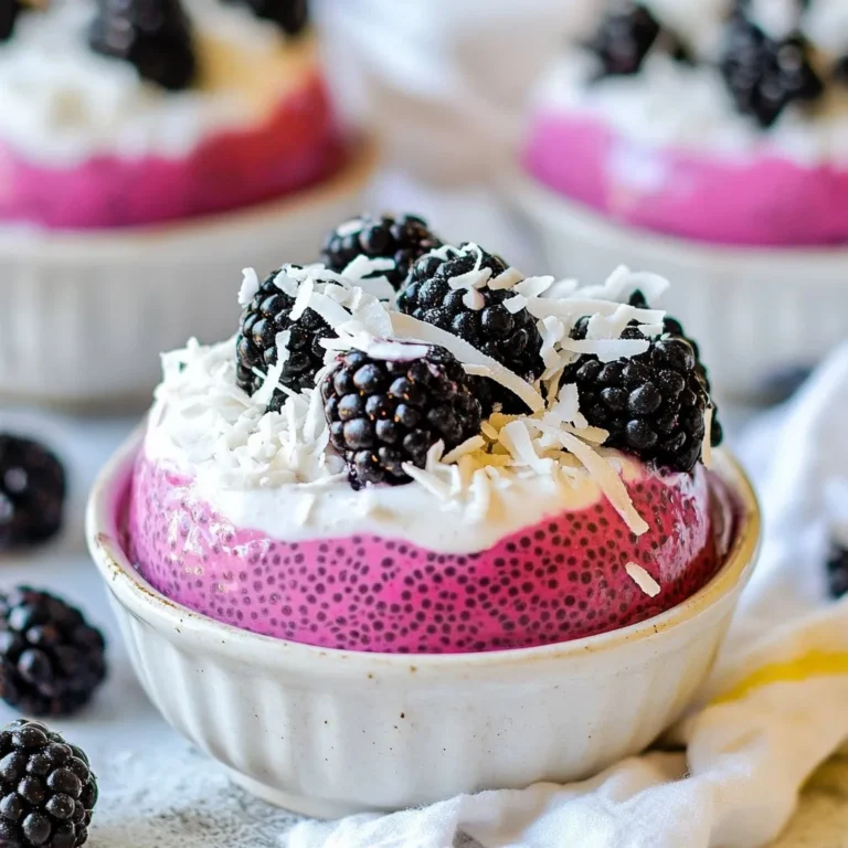 To make blackberry coconut chia pudding, you'll need the following simple ingredients: - 1 cup coconut milk - 1/4 cup chia seeds - 2 tablespoons maple syrup or honey - 1 teaspoon vanilla extract - 1 cup fresh blackberries (plus extra for topping) - 1/4 cup shredded coconut - Pinch of salt Each ingredient plays a key role in the pudding's flavor and texture. The coconut milk gives a rich and creamy base. The chia seeds thicken the mixture and add a nice crunch. Maple syrup or honey provides sweetness, while vanilla extract adds depth. Fresh blackberries bring a burst of tartness. Shredded coconut adds texture and flavor, while a pinch of salt balances all the tastes. You can use canned or carton coconut milk. Both work well. If you're in the mood for something sweeter, try honey instead of maple syrup. Just remember, adjust to your taste! When choosing blackberries, look for ones that are plump and shiny. This ensures they are ripe and full of flavor. Don't forget to save some for the topping. They make your pudding look beautiful and inviting! {{ingredient_image_1}} - Combining ingredients: In a medium bowl, mix 1 cup of coconut milk, 1/4 cup of chia seeds, 2 tablespoons of maple syrup, 1 teaspoon of vanilla extract, and a pinch of salt. Whisk it all together until you see no lumps. This gives the pudding a rich and creamy base. - Initial resting period: Let the mixture sit for about 5 minutes. This step helps the chia seeds absorb the liquid. After 5 minutes, whisk it again to keep the seeds from clumping together. - Refrigeration time: Cover the bowl and place it in the fridge. Chill for at least 2 hours, or overnight if you can wait. This waiting time allows the chia pudding to thicken up nicely. - Layering process for serving: Once the chia pudding is set, you can start layering it. Grab some serving glasses or bowls. Begin with a layer of the thick chia pudding. Next, add a layer of fresh blackberries, then sprinkle a bit of shredded coconut on top. - Garnishing tips: Repeat this layering until your glasses are full. End with a layer of blackberries on top. For a beautiful finish, sprinkle more shredded coconut on the very top. This adds texture and makes it look fancy. - Best presentation methods: Serve the pudding right away for the best taste. You can also keep it chilled in the fridge until you are ready to enjoy it. The layers will look stunning when you serve them. - Accompaniments: This pudding pairs well with a drizzle of honey or extra coconut. You could also add some nuts for crunch. Each bite will taste like a little tropical paradise! To make the best chia pudding, avoid clumping. After mixing, let the pudding sit for 5 minutes. Then, whisk it again. This helps keep the seeds separated. If you want a thicker pudding, add more chia seeds. Start with an extra tablespoon and check the thickness. You can customize the sweetness to match your taste. If you like it sweeter, add more maple syrup or honey. Try adding one more tablespoon at a time. If you prefer alternatives, consider using agave syrup or stevia. These options work well and keep your pudding tasty. To boost flavor, think about adding spices like cinnamon or nutmeg. A drop of almond extract can also add a nice twist. For toppings, fresh fruit works great. Try sliced bananas or a sprinkle of nuts. You can also add a dollop of yogurt for extra creaminess. Pro Tips Soak Chia Seeds: For a creamier texture, let the chia seeds soak longer than the minimum time recommended, ideally overnight. Choose Fresh Blackberries: Make sure to select plump, ripe blackberries for the best flavor. Check for any signs of mold or bruising. Adjust Sweetness: Taste the mixture before refrigerating and adjust the sweetness to your liking by adding more maple syrup or honey. Layering Technique: For an appealing presentation, try to create even layers when assembling the pudding in glasses. {{image_2}} You can switch up the blackberries for many other fruits. Try strawberries, blueberries, or mango. Each fruit will bring its own flavor and color to your pudding. Seasonal fruits are great too. In summer, use peaches or cherries. In winter, citrus fruits like oranges or grapefruits work well. These fruits add freshness and a fun twist to your dish. Adding spices or extracts can make this pudding even better. Consider a pinch of cinnamon or nutmeg for warmth. You can also add a drop of almond or coconut extract for an extra kick. Nuts and seeds work great too! Chopped almonds, walnuts, or sunflower seeds can add crunch. They also boost nutrition and taste. This recipe is easy to make vegan. Just use maple syrup instead of honey. It’s naturally sweet and vegan-friendly. For those who need gluten-free options, this pudding is perfect. All the ingredients are safe for gluten-free diets. You can enjoy this creamy delight without worry. Store your blackberry coconut chia pudding in a sealed glass container. This keeps it fresh. It will last up to four days in the fridge. If you want to keep it longer, use a freezer-safe container. You can freeze your chia pudding if you need to store it for a longer time. To freeze, place your pudding in a freezer-safe container. Leave some space at the top as it will expand. It can stay in the freezer for up to three months. When you're ready to eat, take it out and thaw it in the fridge overnight. After thawing, give it a good stir. You might need to add a little coconut milk to bring back its creamy texture. Serve it chilled, and enjoy! Blackberry coconut chia pudding lasts about 4 to 5 days in the fridge. Store it in an airtight container. This keeps it fresh and tasty. If you notice any change in smell or texture, it’s best to toss it. Yes, you can use frozen blackberries. However, they may change the texture. Frozen berries can become softer once thawed. This might make your pudding a bit mushy. For best taste, use fresh blackberries when possible. Chia pudding offers many health benefits. Chia seeds are high in fiber, which aids digestion. These seeds also provide omega-3 fatty acids, good for heart health. Coconut milk adds good fats and keeps your skin healthy. Together, they make a nutritious treat. Yes, you can prepare this recipe ahead of time. For the best flavor, let it chill overnight. This allows the flavors to blend well. You can enjoy it for breakfast or as a snack later. This blog post covered a tasty blackberry coconut chia pudding recipe. You learned about all the key ingredients and how to mix them. I shared tips for great texture, sweetness, and flavor. We explored fun variations and best storage practices. Now you can create your own tasty pudding and enjoy it fresh or frozen. This dessert is healthy and easy, perfect for any time. Try it out and enjoy the process!
