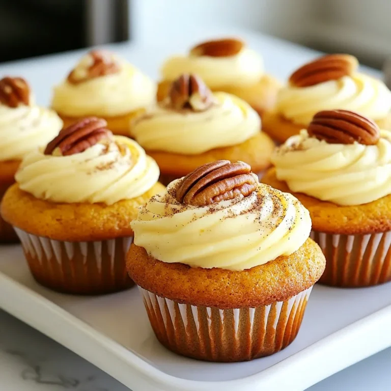 To make delicious pumpkin cupcakes, you need the following items: - 1 ½ cups all-purpose flour - 1 teaspoon baking soda - ½ teaspoon baking powder - ½ teaspoon salt - 1 teaspoon cinnamon - ½ teaspoon nutmeg - ¼ teaspoon ginger - ½ cup unsalted butter, softened - 1 cup granulated sugar - 2 large eggs - 1 cup pumpkin puree (canned or homemade) - 1 teaspoon vanilla extract - ½ cup chopped pecans or walnuts (optional) - ½ cup chocolate chips (optional) These ingredients combine to create a moist and flavorful treat. You can customize your cupcakes with add-ins. Here are some great options: - Chopped pecans or walnuts give a nice crunch. - Chocolate chips add sweetness and richness. - You can also mix in dried cranberries or raisins for extra flavor. Feel free to add one or more of these to enhance your cupcakes. If you lack some ingredients, don’t worry! Here are some substitutes: - Use whole wheat flour instead of all-purpose for a healthier option. - If you have no butter, use coconut oil or vegetable oil. - Applesauce can replace eggs in vegan recipes. - Maple syrup can be a great substitute for sugar. These swaps keep your cupcakes tasty and fun while fitting your needs. {{ingredient_image_1}} To start, gather your ingredients. You will need: - 1 ½ cups all-purpose flour - 1 teaspoon baking soda - ½ teaspoon baking powder - ½ teaspoon salt - 1 teaspoon cinnamon - ½ teaspoon nutmeg - ¼ teaspoon ginger - ½ cup unsalted butter, softened - 1 cup granulated sugar - 2 large eggs - 1 cup pumpkin puree - 1 teaspoon vanilla extract - ½ cup chopped pecans or walnuts (optional) - ½ cup chocolate chips (optional) You also need a 12-cup muffin tin and cupcake liners. Preheat your oven to 350°F (175°C). In a medium bowl, whisk the flour, baking soda, baking powder, salt, cinnamon, nutmeg, and ginger. Set this bowl aside. In a large bowl, cream the softened butter and sugar. Use an electric mixer for about 3-4 minutes until it’s light and fluffy. Then, add the eggs one at a time. Mix well after each egg. Next, add the pumpkin puree and vanilla, mixing until just combined. Now, take the dry mixture and slowly add it to the wet mixture. Stir carefully until combined. Don’t overmix, or your cupcakes may turn out tough. If you want, fold in chopped pecans or chocolate chips. Divide the batter into the cupcake liners, filling each about two-thirds full. Place them in the oven and bake for 18-20 minutes. Check with a toothpick; it should come out clean when done. Let the cupcakes cool in the tin for about 5 minutes. Then, transfer them to a wire rack to cool fully. For a tasty touch, frost your cooled cupcakes with cream cheese frosting. You can sprinkle some cinnamon on top or add a pecan half for decoration. These small details make a big difference! Baking at high altitudes can change the way your cupcakes turn out. You may need to make a few adjustments. First, reduce the sugar by 1-2 tablespoons. This helps the cupcakes rise better. Next, add a bit more liquid, like milk or water. This keeps your cupcakes moist. Lastly, increase the oven temperature by 15-25°F. This helps them bake faster and rise well. Moist cupcakes are key to a great treat. Use fresh pumpkin puree as it has more moisture than canned. You can also add a little yogurt or sour cream to the batter. This will keep them soft and tasty. Be careful not to overmix the batter. Overmixing can make them dense. Fold in chopped nuts or chocolate chips for extra flavor and moisture. Decorating your pumpkin cupcakes is fun and easy. Cream cheese frosting goes perfectly with the spice flavor. Spread a thick layer on top for a rich taste. For a cute touch, sprinkle some cinnamon on the frosting. You can also place a pecan half on each cupcake. This gives a nice crunch and looks great. Use colorful sprinkles or edible glitter to make them pop for special events. Pro Tips Use Fresh Spices: For the best flavor, use freshly ground spices instead of pre-ground ones. This will enhance the aromatic profile of your cupcakes. Check for Doneness: Instead of relying solely on baking time, insert a toothpick into the center of a cupcake. It should come out clean or with a few moist crumbs. Cool Completely: Allow your cupcakes to cool completely before frosting. This prevents the frosting from melting and losing its shape. Customize Toppings: Feel free to get creative with toppings! Consider using caramel drizzle, sprinkles, or a dusting of powdered sugar for a unique finish. {{image_2}} To make gluten-free pumpkin cupcakes, swap the all-purpose flour for a gluten-free blend. Many brands work well, so choose one that you like. Be sure to check the package for correct measurements. You might want to add a bit of xanthan gum. This will help with texture. Follow the same steps in the recipe, and enjoy a tasty gluten-free treat! For vegan pumpkin cupcakes, replace the eggs with flax eggs. To make a flax egg, mix one tablespoon of ground flaxseed with three tablespoons of water. Let it sit for a few minutes until it thickens. Use a plant-based butter or oil instead of regular butter. Ensure your sugar is vegan-friendly, too. You can still enjoy these cupcakes without any animal products! You can play with the spices in this recipe to make it your own. Try adding allspice or cardamom for a warm twist. For a more robust flavor, increase the cinnamon or nutmeg. You can even skip the spices altogether for a pure pumpkin taste. Get creative and find your favorite mix! Each change will give your cupcakes a unique flair. To keep your pumpkin cupcakes fresh, store them in an airtight container. This helps keep moisture in and prevents them from drying out. Place the container at room temperature if you will eat them within two days. For longer storage, put them in the fridge. Just remember to bring them back to room temp before eating. This will keep their flavor and texture perfect. If you want to save some for later, freezing works great. First, let the cupcakes cool completely. Then, wrap each cupcake in plastic wrap. This keeps them safe from freezer burn. After wrapping, place them in a freezer bag or container. They can last up to three months this way. When you're ready to eat, just take them out and let them thaw at room temperature. To enjoy your pumpkin cupcakes warm, preheat your oven to 350°F (175°C). Unwrap the cupcakes and place them on a baking sheet. Heat them for about 5-10 minutes. You can also use a microwave. Just heat for about 10-15 seconds. Be careful not to overheat, or they may get tough. Enjoy them fresh and warm for the best taste! To keep your pumpkin cupcakes moist, use enough pumpkin puree. The puree adds moisture and flavor. Make sure to cream the butter and sugar well. This step adds air, making the cupcakes light. Avoid overmixing the batter; mix just until combined. Also, check your oven’s temperature. An oven that’s too hot can dry out your cupcakes. Yes, you can use fresh pumpkin! First, roast the pumpkin until soft. Then, scoop out the flesh and mash it. Make sure the fresh pumpkin is smooth and not too watery. This way, it will work well in your cupcakes. Fresh pumpkin gives a nice taste and texture, just like canned. Cream cheese frosting is the best choice for pumpkin cupcakes. It adds a rich, tangy flavor that pairs well with the spices. You can make it by mixing cream cheese with butter, powdered sugar, and vanilla. For a fun twist, sprinkle some cinnamon on top. You can also add chopped pecans for a crunchy finish. In this post, I covered how to make amazing pumpkin cupcakes. We went over the main ingredients, tips for baking, and fun variations. I shared ways to store and reheat them, too. Remember, ensuring moisture is key to great cupcakes. You can also switch up ingredients based on your diet. With these tips, I hope you feel ready to bake. Enjoy your tasty creations and share them with friends!