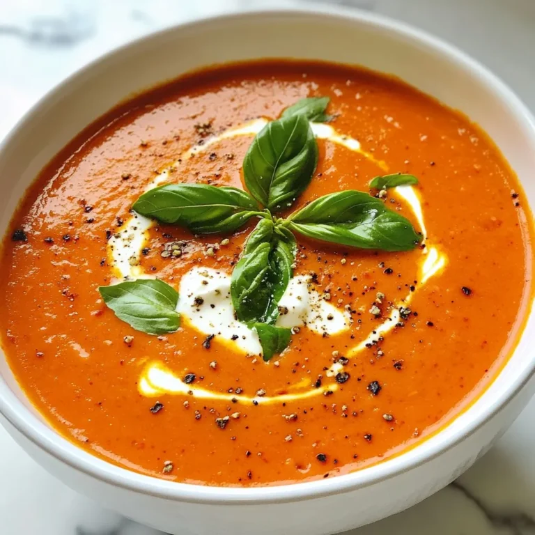 To make a rich and tasty roasted red pepper tomato soup, you will need the following simple ingredients: - 4 medium red bell peppers - 6 ripe tomatoes, chopped - 1 medium onion, chopped - 3 cloves garlic, minced - 3 cups vegetable broth - 1 teaspoon dried basil - 1 teaspoon smoked paprika - 2 tablespoons olive oil - Salt and pepper to taste - Fresh basil leaves for garnish - Crème fraîche or heavy cream (optional) Each ingredient plays a key role in building the flavor. The red bell peppers add sweetness and depth. The ripe tomatoes give a fresh and tangy taste. The onion and garlic bring warmth and aroma. Herbs like basil and smoked paprika add layers of flavor. Using quality vegetable broth enhances the soup's richness. I often choose fresh ingredients for a vibrant taste. If you want to add a twist, use a mix of red and yellow peppers. It makes the soup even prettier! Remember, the crème fraîche or heavy cream is optional but adds a nice touch of creaminess. Enjoy gathering these ingredients; they’ll lead you to a hearty and satisfying meal. {{ingredient_image_1}} 1. Preheat the oven to 400°F (200°C). This helps the peppers roast evenly. 2. Cut the red bell peppers in half. Remove the seeds and stem. Place them cut-side down on a baking sheet. 3. Roast the peppers for 25–30 minutes. The skin should blister and char a bit. 4. While the peppers roast, heat 2 tablespoons of olive oil in a large pot over medium heat. 5. Add 1 chopped onion and sauté for about 5 minutes. This makes the onion soft and sweet. 6. Next, add 3 minced garlic cloves. Cook for 1 more minute. Stir often to stop burning. 1. Once the peppers are done, take them out and let them cool. Peel off the skin; it comes off easily. 2. Chop the roasted peppers into smaller pieces. Add these to the pot with the onions and garlic. 3. Add 6 chopped ripe tomatoes and 3 cups of vegetable broth to the pot. Also, add 1 teaspoon of dried basil, 1 teaspoon of smoked paprika, and salt and pepper to taste. 4. Bring the soup to a simmer. Let it cook for about 20 minutes. This helps the flavors mix well. 5. Use an immersion blender to blend the soup until smooth. If you use a regular blender, let it cool a bit before blending. 6. Taste the soup and adjust the seasoning if needed. For a creamier texture, stir in crème fraîche or heavy cream. 7. Serve the soup hot. Garnish with fresh basil leaves. Add a drizzle of crème fraîche if you want. How to know when peppers are done You will know the peppers are done when the skin is blistered and charred. This usually takes about 25 to 30 minutes at 400°F (200°C). Keep an eye on them to avoid burning. Tips for easy peeling To peel the peppers easily, place them in a bowl covered with plastic wrap after roasting. Let them steam for about 10 minutes. The steam helps loosen the skin, making it much easier to remove. Using an immersion blender vs. regular blender I prefer an immersion blender for this soup. It’s quick and keeps the soup warm. If you use a regular blender, be careful. Let the soup cool a bit before blending to avoid splatters. Achieving the desired texture For a smooth soup, blend until there are no chunks left. If you like a bit of texture, blend only part of the soup. You can even leave a few pieces of roasted peppers for added flavor. Adding herbs and spices You can boost the flavor by adding fresh herbs like thyme or parsley. A pinch of red pepper flakes adds a nice kick too. Don’t be afraid to taste and adjust as you go. Alternative cream options If you want a lighter soup, use coconut milk or cashew cream instead of heavy cream. These options add creaminess without the extra fat. They also bring unique flavors that work well with the soup. Pro Tips Choose the Right Peppers: For a sweeter flavor, opt for ripe red bell peppers. They enhance the soup's natural sweetness and add depth. Roast for Flavor: Roasting the peppers until the skin is blistered intensifies their flavor, giving the soup a rich, smoky taste. Blend for Smoothness: Using an immersion blender allows for easy blending without transferring hot soup. If using a regular blender, let the soup cool slightly to avoid splatter. Garnish Creatively: Fresh basil leaves not only add color but also enhance the aroma. Consider adding a sprinkle of chili flakes for a hint of heat. {{image_2}} You can spice up your roasted red pepper tomato soup easily. Adding chili flakes or diced jalapeños gives it a nice kick. Start with a small amount so you can control the heat. Taste as you go. If you want more heat, add more! This spice pairs well with the sweet peppers and tomatoes. It adds depth to the soup and makes it exciting. For a vegetarian twist, consider changing the broth. Instead of vegetable broth, you can use mushroom broth or even a homemade broth. This change can add a rich umami flavor. It enhances the soup while keeping it plant-based. You can also try using water for a lighter soup. Just remember to adjust the seasoning to keep the flavor strong! If you want a creamier soup, there are tasty options. Coconut milk offers a subtle sweetness and a smooth texture. It blends well with the roasted peppers and tomatoes. Cashew cream is another excellent choice. Just blend soaked cashews with water until smooth. Both options make the soup rich and comforting without dairy. To store leftovers, let the soup cool first. Then, pour it into an airtight container. The soup keeps well in the fridge for up to four days. Make sure to label it with the date. This helps you track freshness. For freezing, use a freezer-safe container or a heavy-duty freezer bag. Make sure to leave some space at the top. The soup expands as it freezes. It can last up to three months in the freezer. When you're ready to enjoy it, thaw it overnight in the fridge. To reheat, use a pot over medium heat. Stir the soup often to avoid sticking. You can also use the microwave. Heat it in short bursts, stirring in between. For the best taste, add a splash of broth or cream as it warms. This keeps it rich and flavorful. Yes, you can use canned tomatoes. They work well in this recipe. Choose whole or diced tomatoes for best results. Just make sure to drain them a bit to avoid excess liquid. Canned tomatoes often have a good flavor and can save you time. This makes cooking easier for busy days. This soup can last about 4-5 days in the fridge. Store it in an airtight container to keep it fresh. If you want to enjoy it later, check for any signs of spoilage before eating. Reheat it on the stove or in the microwave, making sure it is hot throughout. Yes, making this soup ahead of time is smart! It allows the flavors to blend even more. Just store it in the fridge after it cools down. If you're planning for a big meal, you can also freeze it. - Best practices for meal prep: - Make the soup and let it cool. - Divide it into portions for easy reheating. - Use freezer-safe containers to avoid freezer burn. Yes, this soup is great for kids! It has a mild flavor and is full of healthy ingredients. Kids often enjoy the smooth texture. If you want, you can even add fun toppings like croutons or cheese. It’s a tasty way to get them to eat veggies. This guide covers how to make a tasty roasted red pepper tomato soup. We discussed the key ingredients, preparation steps, and cooking methods. I shared helpful tips for roasting and blending, along with flavor variations. You can store leftovers in the fridge or freeze them for later. This soup is simple to make and fun to customize. I hope you try it and enjoy every bowl!