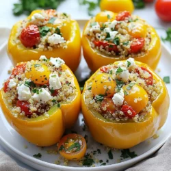 For this Mediterranean quinoa stuffed peppers recipe, you will need the following ingredients: - 4 large bell peppers (any color) - 1 cup quinoa, rinsed - 2 cups vegetable broth - 1 cup cherry tomatoes, halved - 1 cup canned chickpeas, drained and rinsed - 1/2 cup feta cheese, crumbled - 1/4 cup Kalamata olives, sliced - 1/4 cup red onion, finely chopped - 2 cloves garlic, minced - 1 teaspoon dried oregano - 1/2 teaspoon cumin - 2 tablespoons olive oil - Salt and pepper to taste - Fresh parsley, chopped (for garnish) These ingredients come together to create a colorful and tasty dish. Each ingredient adds its own flavor and texture. The bell peppers give a sweet crunch, while the quinoa adds a nutty base. Chickpeas boost the protein, and feta cheese brings a creamy tang. Kalamata olives and spices like oregano and cumin enhance the Mediterranean vibe. Fresh parsley adds a nice touch of color and freshness as a garnish. You can mix and match ingredients to suit your taste. Feel free to add your favorite veggies or proteins! This dish is flexible and fun to make. {{ingredient_image_1}} First, preheat your oven to 375°F (190°C). This step warms the oven for even cooking. Next, cut the tops off the bell peppers. Make sure to remove all the seeds and membranes. After that, brush the outside of each pepper with olive oil. Lightly season them with salt and pepper. Place the peppers upright in a baking dish. This helps them hold the filling. In a medium saucepan, bring 2 cups of vegetable broth to a boil. Once it boils, add 1 cup of rinsed quinoa. Reduce the heat to low and cover the pan. Let it simmer for about 15 minutes. The quinoa will absorb all the broth and become fluffy. It’s a key part of the filling. While the quinoa cooks, heat 2 tablespoons of olive oil in a skillet over medium heat. Add 1/4 cup of finely chopped red onion and 2 cloves of minced garlic. Sauté for about 3 to 4 minutes. You want the onion to look clear and soft. In a large bowl, mix the cooked quinoa with the onion, garlic, 1 cup of halved cherry tomatoes, 1 cup of drained chickpeas, 1/2 cup of crumbled feta cheese, 1/4 cup of sliced Kalamata olives, 1 teaspoon of dried oregano, 1/2 teaspoon of cumin, salt, and pepper. Stir until everything is well combined. Now it's time to fill the peppers. Carefully spoon the quinoa mixture into each pepper. Pack it in gently and make them heaping full. Cover the baking dish with aluminum foil. Bake in the preheated oven for 25 minutes. After that, remove the foil and bake for an extra 10 minutes. This final step makes the peppers tender. Once done, take them out and let them cool for a few minutes before serving. To get the best texture, rinse the quinoa well before cooking. This step removes bitter saponins. A good rinse makes the quinoa fluffy and nice. Use a broth-to-quinoa ratio of 2:1. This means two cups of broth for one cup of quinoa. This balance gives the quinoa a rich flavor. You can add spices to boost the flavor. Try adding more oregano or some black pepper. For a twist, consider adding smoked paprika or a pinch of red pepper flakes. These spices add warmth and depth. For serving, arrange the stuffed peppers on a large platter. Drizzle with a bit of extra olive oil for shine. A sprinkle of fresh parsley adds a vibrant touch, making the dish pop. You can also add lemon wedges on the side. This gives a fresh burst of flavor when squeezed over the dish. Pro Tips Choose Colorful Peppers: Using a mix of bell pepper colors not only enhances the visual appeal of the dish but also adds a slight variation in flavor. Cook Quinoa Perfectly: Rinse quinoa before cooking to remove its natural coating, which can make it taste bitter. This ensures a fluffy and delicious final product. Customize Your Filling: Feel free to add other ingredients like spinach, zucchini, or even cooked ground meat to the quinoa mixture for more variety and nutrition. Let Them Rest: Allow the stuffed peppers to sit for a few minutes after baking. This helps the flavors meld together and makes them easier to serve. {{image_2}} You can easily add protein to your Mediterranean quinoa stuffed peppers. Ground turkey or chicken works great. Just brown the meat in your skillet before mixing it with other ingredients. For a lighter option, try vegan protein. You can use lentils or tofu. Both add texture and flavor without meat. If you want to switch up the cheese, there are many options. For a tangy taste, try goat cheese instead of feta. If you need a dairy-free option, use nutritional yeast or vegan cheese. These substitutes can keep your dish creamy while meeting dietary needs. Feel free to get creative with veggies. Zucchini and spinach are great choices. You can chop them finely and add them to the quinoa mix. If you add more vegetables, you may need to adjust cooking times. For example, cook zucchini for a few minutes before adding it to the filling. This extra step makes sure everything is tender and delicious. To keep the flavors fresh, store your stuffed peppers in the fridge. Place them in an airtight container. This helps keep them moist and tasty. You can keep them for about three to four days. If you want to enjoy them later, make sure they cool down before sealing. When you're ready to eat, reheat the peppers gently. Avoid drying them out by using the oven or microwave. In the oven, set it to 350°F (175°C) and heat for about 15 minutes. If using a microwave, heat on medium for two to three minutes. Check to see if they're warm all the way through. To freeze stuffed peppers, wrap each pepper tightly in plastic wrap. Place them in a freezer-safe bag or container. Make sure to label them with the date. They can stay good for up to three months. When you’re ready to eat, take them out and thaw overnight in the fridge. Reheat as mentioned above for best results. Yes, you can! If you want to switch it up, try brown rice or farro. Both offer a nice texture. You can also use couscous for a quick option. Just adjust the cooking time according to the grain you choose. For a spicy kick, add red pepper flakes or diced jalapeños. You can mix in some hot sauce too. If you like smoky flavors, try adding smoked paprika. These simple changes will give your dish some heat! Serve these stuffed peppers with a fresh salad. A Greek salad with cucumbers and olives works great. You could also add some crusty bread to soak up all the yummy flavors. Roasted vegetables can be a nice, warm side dish as well. You learned how to make delicious Mediterranean quinoa stuffed peppers. We covered all the steps, from ingredient prep to baking. You can customize fillings and try different grains. Remember, presentation makes a meal inviting. Store leftovers properly for future lunches or dinners. Enjoy experimenting with flavors and spices, making this dish your own. These peppers are a fun, healthy option for any occasion. Give them a try and impress your family or guests!