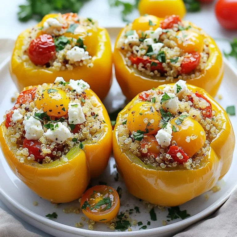 For this Mediterranean quinoa stuffed peppers recipe, you will need the following ingredients: - 4 large bell peppers (any color) - 1 cup quinoa, rinsed - 2 cups vegetable broth - 1 cup cherry tomatoes, halved - 1 cup canned chickpeas, drained and rinsed - 1/2 cup feta cheese, crumbled - 1/4 cup Kalamata olives, sliced - 1/4 cup red onion, finely chopped - 2 cloves garlic, minced - 1 teaspoon dried oregano - 1/2 teaspoon cumin - 2 tablespoons olive oil - Salt and pepper to taste - Fresh parsley, chopped (for garnish) These ingredients come together to create a colorful and tasty dish. Each ingredient adds its own flavor and texture. The bell peppers give a sweet crunch, while the quinoa adds a nutty base. Chickpeas boost the protein, and feta cheese brings a creamy tang. Kalamata olives and spices like oregano and cumin enhance the Mediterranean vibe. Fresh parsley adds a nice touch of color and freshness as a garnish. You can mix and match ingredients to suit your taste. Feel free to add your favorite veggies or proteins! This dish is flexible and fun to make. {{ingredient_image_1}} First, preheat your oven to 375°F (190°C). This step warms the oven for even cooking. Next, cut the tops off the bell peppers. Make sure to remove all the seeds and membranes. After that, brush the outside of each pepper with olive oil. Lightly season them with salt and pepper. Place the peppers upright in a baking dish. This helps them hold the filling. In a medium saucepan, bring 2 cups of vegetable broth to a boil. Once it boils, add 1 cup of rinsed quinoa. Reduce the heat to low and cover the pan. Let it simmer for about 15 minutes. The quinoa will absorb all the broth and become fluffy. It’s a key part of the filling. While the quinoa cooks, heat 2 tablespoons of olive oil in a skillet over medium heat. Add 1/4 cup of finely chopped red onion and 2 cloves of minced garlic. Sauté for about 3 to 4 minutes. You want the onion to look clear and soft. In a large bowl, mix the cooked quinoa with the onion, garlic, 1 cup of halved cherry tomatoes, 1 cup of drained chickpeas, 1/2 cup of crumbled feta cheese, 1/4 cup of sliced Kalamata olives, 1 teaspoon of dried oregano, 1/2 teaspoon of cumin, salt, and pepper. Stir until everything is well combined. Now it's time to fill the peppers. Carefully spoon the quinoa mixture into each pepper. Pack it in gently and make them heaping full. Cover the baking dish with aluminum foil. Bake in the preheated oven for 25 minutes. After that, remove the foil and bake for an extra 10 minutes. This final step makes the peppers tender. Once done, take them out and let them cool for a few minutes before serving. To get the best texture, rinse the quinoa well before cooking. This step removes bitter saponins. A good rinse makes the quinoa fluffy and nice. Use a broth-to-quinoa ratio of 2:1. This means two cups of broth for one cup of quinoa. This balance gives the quinoa a rich flavor. You can add spices to boost the flavor. Try adding more oregano or some black pepper. For a twist, consider adding smoked paprika or a pinch of red pepper flakes. These spices add warmth and depth. For serving, arrange the stuffed peppers on a large platter. Drizzle with a bit of extra olive oil for shine. A sprinkle of fresh parsley adds a vibrant touch, making the dish pop. You can also add lemon wedges on the side. This gives a fresh burst of flavor when squeezed over the dish. Pro Tips Choose Colorful Peppers: Using a mix of bell pepper colors not only enhances the visual appeal of the dish but also adds a slight variation in flavor. Cook Quinoa Perfectly: Rinse quinoa before cooking to remove its natural coating, which can make it taste bitter. This ensures a fluffy and delicious final product. Customize Your Filling: Feel free to add other ingredients like spinach, zucchini, or even cooked ground meat to the quinoa mixture for more variety and nutrition. Let Them Rest: Allow the stuffed peppers to sit for a few minutes after baking. This helps the flavors meld together and makes them easier to serve. {{image_2}} You can easily add protein to your Mediterranean quinoa stuffed peppers. Ground turkey or chicken works great. Just brown the meat in your skillet before mixing it with other ingredients. For a lighter option, try vegan protein. You can use lentils or tofu. Both add texture and flavor without meat. If you want to switch up the cheese, there are many options. For a tangy taste, try goat cheese instead of feta. If you need a dairy-free option, use nutritional yeast or vegan cheese. These substitutes can keep your dish creamy while meeting dietary needs. Feel free to get creative with veggies. Zucchini and spinach are great choices. You can chop them finely and add them to the quinoa mix. If you add more vegetables, you may need to adjust cooking times. For example, cook zucchini for a few minutes before adding it to the filling. This extra step makes sure everything is tender and delicious. To keep the flavors fresh, store your stuffed peppers in the fridge. Place them in an airtight container. This helps keep them moist and tasty. You can keep them for about three to four days. If you want to enjoy them later, make sure they cool down before sealing. When you're ready to eat, reheat the peppers gently. Avoid drying them out by using the oven or microwave. In the oven, set it to 350°F (175°C) and heat for about 15 minutes. If using a microwave, heat on medium for two to three minutes. Check to see if they're warm all the way through. To freeze stuffed peppers, wrap each pepper tightly in plastic wrap. Place them in a freezer-safe bag or container. Make sure to label them with the date. They can stay good for up to three months. When you’re ready to eat, take them out and thaw overnight in the fridge. Reheat as mentioned above for best results. Yes, you can! If you want to switch it up, try brown rice or farro. Both offer a nice texture. You can also use couscous for a quick option. Just adjust the cooking time according to the grain you choose. For a spicy kick, add red pepper flakes or diced jalapeños. You can mix in some hot sauce too. If you like smoky flavors, try adding smoked paprika. These simple changes will give your dish some heat! Serve these stuffed peppers with a fresh salad. A Greek salad with cucumbers and olives works great. You could also add some crusty bread to soak up all the yummy flavors. Roasted vegetables can be a nice, warm side dish as well. You learned how to make delicious Mediterranean quinoa stuffed peppers. We covered all the steps, from ingredient prep to baking. You can customize fillings and try different grains. Remember, presentation makes a meal inviting. Store leftovers properly for future lunches or dinners. Enjoy experimenting with flavors and spices, making this dish your own. These peppers are a fun, healthy option for any occasion. Give them a try and impress your family or guests!