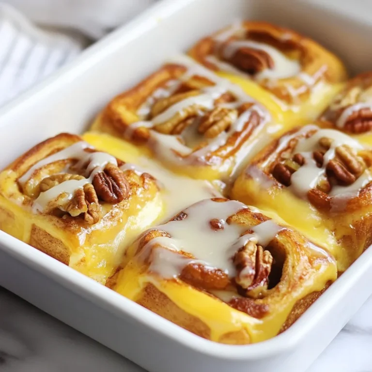 To make a delicious Cinnamon Roll French Toast Bake, you need the right ingredients. Here’s what you will need: - Refrigerated cinnamon rolls (2 cans) - Eggs (6 large) - Milk (1 cup) - Vanilla extract (1 teaspoon) - Ground cinnamon (1 teaspoon) - Brown sugar (1/4 cup) - Optional mix-ins (1/2 cup chopped pecans or walnuts, 1/2 cup raisins) - Maple syrup for serving Each ingredient plays a key role in creating a delightful dish. The cinnamon rolls bring sweetness, while the eggs and milk create a rich custard. Vanilla and cinnamon add warmth, and brown sugar enhances the overall flavor. You can also get creative with mix-ins like nuts or raisins for added texture. Don't forget the maple syrup; it makes every bite special! {{ingredient_image_1}} - Preheat your oven to 350°F (175°C). - Grease a 9x13 inch baking dish with non-stick spray or butter. - Open the cans of refrigerated cinnamon rolls. - Cut each roll into quarters. - Arrange the pieces in the prepared baking dish. - In a large bowl, combine 6 large eggs, 1 cup of milk, 1 teaspoon of vanilla extract, 1 teaspoon of ground cinnamon, and 1/4 cup of brown sugar. - Whisk until everything mixes well. - Pour the egg mixture evenly over the cinnamon roll pieces. - Make sure each piece gets coated. - If you want, sprinkle 1/2 cup of chopped pecans or walnuts and 1/2 cup of raisins on top. - Gently press down on the cinnamon roll pieces with a fork. This helps them soak up the egg mixture. - Bake in the oven for about 25-30 minutes. The top should be golden brown, and the center should feel set. - While it is still warm, drizzle the icing from the cinnamon roll packages over the top. To get the best results, make sure the egg mixture soaks evenly into every piece of cinnamon roll. After you pour the mixture over the rolls, use a fork to gently press down. This helps each piece absorb the mixture well. Let it sit for a few minutes before baking. For a golden brown top, bake the dish at 350°F. Keep an eye on it during the last few minutes. If you like an extra crisp on top, you can broil it for a minute or two. Just watch closely to avoid burning! Serving this dish is easy and fun. Drizzle warm maple syrup over each portion for a sweet touch. It pairs well with fresh fruit like sliced bananas or berries, which add a bright taste. For sides, try crispy bacon or sausages. They give a nice balance to the sweet cinnamon rolls. You can even add a dollop of whipped cream for a special treat! Feel free to get creative with toppings! Add chocolate chips or fresh fruit for a tasty twist. You can also mix in some nuts for crunch. If you want to change up the flavors, consider using pumpkin spice in the egg mixture. You can also swap out the cinnamon rolls for other sweet rolls. This adds new tastes and fun textures to your bake! Pro Tips Use Day-Old Cinnamon Rolls: If you have leftover cinnamon rolls, this is a perfect way to use them up! Day-old rolls will soak up the egg mixture better, enhancing the flavor. Customize Your Mix-Ins: Feel free to add your favorite nuts or dried fruits. Options like chocolate chips, apple chunks, or different nuts can give the bake a unique twist. Check for Doneness: Ovens can vary, so keep an eye on your bake around the 25-minute mark. The top should be golden and the center should be set, but not dry. Serve with Fresh Berries: For a refreshing balance, serve the cinnamon roll bake with fresh berries or a dollop of whipped cream alongside the maple syrup. {{image_2}} You can make this bake even more fun with tasty twists. Try adding chocolate chips. Just sprinkle about a cup of them on the cinnamon rolls before pouring the egg mix. The chocolate will melt and create a gooey delight. Another fun option is to add fresh fruit. You can use strawberries or blueberries. Just chop them up and mix them in with the cinnamon rolls. They add a fresh taste and nice color to your dish. Change up your bake with seasonal flavors. In the fall, try a pumpkin spice version. Just add a half cup of pumpkin puree to your egg mixture, and a teaspoon of pumpkin spice. This will fill your kitchen with cozy scents. During the holidays, make a gingerbread version. You can use gingerbread spices like cinnamon, nutmeg, and ginger. This will make your bake festive and warm, perfect for holiday mornings. You can easily make this dish to fit different diets. For gluten-free options, use gluten-free cinnamon rolls. Many brands offer them, and they taste great! If you need a dairy-free choice, use almond milk or oat milk instead of regular milk. You can also use a dairy-free butter for greasing the pan. These simple swaps let everyone enjoy this tasty bake. To keep your Cinnamon Roll French Toast Bake fresh, store it in an airtight container. This helps prevent it from drying out. If you have more than one serving, cut it into portions before storing. Use glass or plastic containers with tight lids for best results. You can reheat leftovers in two ways: the microwave or the oven. For the microwave, place a piece on a plate and heat for 30-60 seconds. Check if it's warm and heat more if needed. If you want a crispier top, use the oven. Preheat it to 350°F (175°C) and warm the bake for about 10-15 minutes. Cover it with foil to keep it moist. This way, you maintain its yummy texture and taste. Enjoy it warm with a drizzle of maple syrup for a delightful experience! Can I make this dish ahead of time? Yes, you can prepare this dish the night before. Just follow the recipe but stop before baking. Cover the dish and place it in the fridge. In the morning, just pop it in the oven. This saves you time and helps you enjoy a warm breakfast. How do I prevent it from getting soggy? To avoid sogginess, make sure the cinnamon roll pieces soak up the egg mixture evenly. Press them down gently with a fork. Baking at the right temperature for the right time also helps. If it looks too wet before baking, you can reduce the milk slightly. What toppings go well with Cinnamon Roll French Toast Bake? You can get creative with toppings! Here are some tasty ideas: - Fresh berries like strawberries or blueberries - Whipped cream for a light touch - Chopped nuts for crunch - Extra icing from the cinnamon roll packages - A drizzle of maple syrup for sweetness This blog post shared a simple and tasty cinnamon roll French toast bake recipe. We went through the ingredients, steps, and helpful tips for the perfect dish. I also highlighted fun flavor twists and ways to adjust for dietary needs. Try this easy recipe for a breakfast that impresses. Enjoy every bite with warm maple syrup!