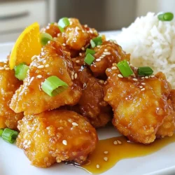 - 1 lb chicken breast, cut into bite-sized pieces - 1 cup panko breadcrumbs - 1/2 cup cornstarch - 2 large eggs, beaten - 1/2 cup fresh orange juice - Zest of 1 orange - 1/4 cup honey - 2 tablespoons soy sauce (or tamari for gluten-free) - 1 tablespoon rice vinegar - 1 teaspoon ginger, grated - 1 garlic clove, minced - 1 tablespoon cornstarch mixed with 2 tablespoons water (for thickening) When you make crispy baked orange chicken, you need quality ingredients. Start with fresh chicken breast. This meat offers a nice, tender texture. Cut it into bite-sized pieces for easy cooking and eating. Next, gather panko breadcrumbs. These breadcrumbs give the chicken its amazing crunch. They are lighter and crispier than regular breadcrumbs. Cornstarch is another key player. It helps make the chicken extra crispy when baked. The beaten eggs will help the breadcrumbs stick well. Now, let’s move on to the orange sauce. Fresh orange juice is a must. It gives the dish its bright flavor. Don’t forget the orange zest! It adds a nice citrus aroma. Honey acts as a sweetener in the sauce. Soy sauce adds a savory depth. Rice vinegar gives it a tangy kick. Ginger and garlic bring warmth and spice to the mix. Finally, mix cornstarch with water. This thickens the sauce and gives it a nice glossy finish. Each ingredient plays a role in creating a tasty dish. {{ingredient_image_1}} 1. Preheat Oven: First, set your oven to 400°F (200°C). This helps the chicken cook evenly. 2. Season Chicken: Take the chicken breast pieces and sprinkle salt and pepper on them. Make sure to cover all sides. 3. Set Up Breading Station: Get three bowls ready. Put cornstarch in one bowl, beaten eggs in the second, and mix panko breadcrumbs with olive oil in the third. This is your breading station. 1. Step-by-Step Dipping Process: Take a piece of chicken and dip it in cornstarch. Shake off any extra. Then, dip it in the egg. Finally, coat it in the panko mixture. Make sure it is fully covered. 2. Ensuring Even Coating: Repeat this for all chicken pieces. Check that each piece has an even layer of panko. This helps create a crispy texture. 1. Baking Instructions: Place the coated chicken pieces on the lined baking sheet. Bake them for 20-25 minutes. Flip them halfway through for even cooking. They should be golden brown and crispy. 2. Preparing the Orange Sauce: While the chicken bakes, start the orange sauce. In a saucepan, mix fresh orange juice, orange zest, honey, soy sauce, rice vinegar, grated ginger, and minced garlic. Heat this on medium until it simmers. 3. Thickening the Sauce: Slowly stir in the cornstarch mixed with water. Keep stirring until the sauce thickens, which takes about 2-3 minutes. Turn off the heat. 4. Combine and Serve: Once the chicken is ready, toss it in the orange sauce until covered. 5. Serve Hot: Plate your chicken and drizzle any extra sauce on top. Enjoy it warm! To keep your chicken crispy, coat it well. The panko breadcrumbs create a crunchy layer. Make sure to flip the chicken halfway through baking. This helps both sides get golden brown. If you want a thicker crust, dip the chicken in the egg twice. Adjusting baking times is key. If your chicken pieces are larger, bake longer. If smaller, check them sooner. Keep an eye out for golden color. This shows they are ready. Try adding zest with different ingredients. You can use lime juice or lemon juice instead of orange juice. This gives the dish a fun twist. Mixing in chili flakes can add heat. For serving suggestions, plate the chicken over rice. This adds a nice base. You can also add a side of steamed veggies. Garnish with sesame seeds and green onions for a pop of color. For low-sugar options, swap honey with agave syrup. This can cut down on sugar without losing sweetness. If you need gluten-free options, use tamari instead of soy sauce. You can also use gluten-free breadcrumbs. This way, everyone can enjoy the dish without worry. Pro Tips Choose Fresh Ingredients: Using fresh chicken and freshly squeezed orange juice will enhance the flavor and overall quality of your dish. Perfect Panko Coating: For extra crunch, lightly toast the panko breadcrumbs in a dry skillet before using them to coat the chicken. Adjust Sauce Sweetness: If you prefer a sweeter sauce, add more honey gradually until it reaches your desired taste. Let it Rest: After baking, let the chicken rest for a few minutes before tossing it in the sauce to maintain its crispiness. {{image_2}} You can change the meat in this dish. I often use turkey instead of chicken. Tofu works great too! It gives a nice texture and absorbs flavors well. Add some veggies for more color and taste. Broccoli, bell peppers, or snap peas are excellent choices. They add crunch and nutrients. Mix them in the baking sheet with chicken for a one-pan meal. You can make the sauce sweeter or spicier. Try adding chili flakes for heat. Or, mix in some sriracha for a nice kick! If you want to change the citrus flavor, use lemon or lime juice. Each fruit gives a unique taste. You can also mix citrus juices for a fun twist. If you have an air fryer, use it! Preheat it to 375°F (190°C). Cook the chicken pieces for about 12-15 minutes. Shake the basket halfway through for even crispiness. Grilling adds a smoky flavor. Marinate the chicken pieces in the orange sauce first. Then, grill them over medium heat until cooked through. This gives a nice char and great taste! After you finish your meal, cool the chicken quickly. Place it in a shallow dish. Cover it tightly with plastic wrap or a lid. This method helps keep the chicken fresh. Cooked chicken lasts about 3 to 4 days in the fridge. Always check for any off smells before eating. To freeze your crispy baked orange chicken, let it cool completely first. Use airtight containers or freezer bags. Remove as much air as possible. This will keep the chicken from getting freezer burn. It can last up to 3 months in the freezer. When you're ready to eat, thaw it in the fridge overnight. To reheat, place it in the oven at 375°F (190°C) for 15-20 minutes. This will help keep it crispy. You can also microwave it, but it may become soft. If you know your week will be busy, try meal prepping. Cook a big batch of orange chicken on the weekend. Divide it into portion-sized containers. This makes it easy to grab for lunch or dinner. Pair it with rice or veggies for a full meal. You can store these containers in the fridge for quick meals during the week. To spice up your orange chicken, you can add cayenne pepper or red pepper flakes. Just a pinch can add heat without losing flavor. You might also try hot sauce in the orange sauce. Sriracha or chili garlic sauce works well too. Adjust the amount based on your heat preference. Yes, you can use frozen chicken, but you need to thaw it first. The best way is to leave it in the fridge overnight. If you're in a hurry, you can run it under cold water for about an hour. Ensure the chicken is fully thawed for even cooking. This dish takes about 40 minutes from start to finish. The prep time is around 15 minutes. Baking the chicken takes about 20 to 25 minutes. It’s a quick meal that’s perfect for busy nights. Crispy baked orange chicken pairs well with several sides. Steamed rice is a great choice. You can also serve it with mixed vegetables for a colorful plate. Other options include fried rice or a simple salad. Garnish with sesame seeds and green onions for extra flair. This blog post covered everything you need to make crispy baked orange chicken. We listed the key ingredients and offered step-by-step instructions for preparation and baking. I shared tips to keep the chicken crispy and suggestions for healthier swaps. Variations let you explore different flavors or cooking methods. Finally, we discussed proper storage to enjoy leftovers later. With these insights, you can make this dish your own. Enjoy the delicious taste of homemade orange chicken!