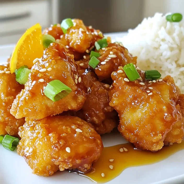 - 1 lb chicken breast, cut into bite-sized pieces - 1 cup panko breadcrumbs - 1/2 cup cornstarch - 2 large eggs, beaten - 1/2 cup fresh orange juice - Zest of 1 orange - 1/4 cup honey - 2 tablespoons soy sauce (or tamari for gluten-free) - 1 tablespoon rice vinegar - 1 teaspoon ginger, grated - 1 garlic clove, minced - 1 tablespoon cornstarch mixed with 2 tablespoons water (for thickening) When you make crispy baked orange chicken, you need quality ingredients. Start with fresh chicken breast. This meat offers a nice, tender texture. Cut it into bite-sized pieces for easy cooking and eating. Next, gather panko breadcrumbs. These breadcrumbs give the chicken its amazing crunch. They are lighter and crispier than regular breadcrumbs. Cornstarch is another key player. It helps make the chicken extra crispy when baked. The beaten eggs will help the breadcrumbs stick well. Now, let’s move on to the orange sauce. Fresh orange juice is a must. It gives the dish its bright flavor. Don’t forget the orange zest! It adds a nice citrus aroma. Honey acts as a sweetener in the sauce. Soy sauce adds a savory depth. Rice vinegar gives it a tangy kick. Ginger and garlic bring warmth and spice to the mix. Finally, mix cornstarch with water. This thickens the sauce and gives it a nice glossy finish. Each ingredient plays a role in creating a tasty dish. {{ingredient_image_1}} 1. Preheat Oven: First, set your oven to 400°F (200°C). This helps the chicken cook evenly. 2. Season Chicken: Take the chicken breast pieces and sprinkle salt and pepper on them. Make sure to cover all sides. 3. Set Up Breading Station: Get three bowls ready. Put cornstarch in one bowl, beaten eggs in the second, and mix panko breadcrumbs with olive oil in the third. This is your breading station. 1. Step-by-Step Dipping Process: Take a piece of chicken and dip it in cornstarch. Shake off any extra. Then, dip it in the egg. Finally, coat it in the panko mixture. Make sure it is fully covered. 2. Ensuring Even Coating: Repeat this for all chicken pieces. Check that each piece has an even layer of panko. This helps create a crispy texture. 1. Baking Instructions: Place the coated chicken pieces on the lined baking sheet. Bake them for 20-25 minutes. Flip them halfway through for even cooking. They should be golden brown and crispy. 2. Preparing the Orange Sauce: While the chicken bakes, start the orange sauce. In a saucepan, mix fresh orange juice, orange zest, honey, soy sauce, rice vinegar, grated ginger, and minced garlic. Heat this on medium until it simmers. 3. Thickening the Sauce: Slowly stir in the cornstarch mixed with water. Keep stirring until the sauce thickens, which takes about 2-3 minutes. Turn off the heat. 4. Combine and Serve: Once the chicken is ready, toss it in the orange sauce until covered. 5. Serve Hot: Plate your chicken and drizzle any extra sauce on top. Enjoy it warm! To keep your chicken crispy, coat it well. The panko breadcrumbs create a crunchy layer. Make sure to flip the chicken halfway through baking. This helps both sides get golden brown. If you want a thicker crust, dip the chicken in the egg twice. Adjusting baking times is key. If your chicken pieces are larger, bake longer. If smaller, check them sooner. Keep an eye out for golden color. This shows they are ready. Try adding zest with different ingredients. You can use lime juice or lemon juice instead of orange juice. This gives the dish a fun twist. Mixing in chili flakes can add heat. For serving suggestions, plate the chicken over rice. This adds a nice base. You can also add a side of steamed veggies. Garnish with sesame seeds and green onions for a pop of color. For low-sugar options, swap honey with agave syrup. This can cut down on sugar without losing sweetness. If you need gluten-free options, use tamari instead of soy sauce. You can also use gluten-free breadcrumbs. This way, everyone can enjoy the dish without worry. Pro Tips Choose Fresh Ingredients: Using fresh chicken and freshly squeezed orange juice will enhance the flavor and overall quality of your dish. Perfect Panko Coating: For extra crunch, lightly toast the panko breadcrumbs in a dry skillet before using them to coat the chicken. Adjust Sauce Sweetness: If you prefer a sweeter sauce, add more honey gradually until it reaches your desired taste. Let it Rest: After baking, let the chicken rest for a few minutes before tossing it in the sauce to maintain its crispiness. {{image_2}} You can change the meat in this dish. I often use turkey instead of chicken. Tofu works great too! It gives a nice texture and absorbs flavors well. Add some veggies for more color and taste. Broccoli, bell peppers, or snap peas are excellent choices. They add crunch and nutrients. Mix them in the baking sheet with chicken for a one-pan meal. You can make the sauce sweeter or spicier. Try adding chili flakes for heat. Or, mix in some sriracha for a nice kick! If you want to change the citrus flavor, use lemon or lime juice. Each fruit gives a unique taste. You can also mix citrus juices for a fun twist. If you have an air fryer, use it! Preheat it to 375°F (190°C). Cook the chicken pieces for about 12-15 minutes. Shake the basket halfway through for even crispiness. Grilling adds a smoky flavor. Marinate the chicken pieces in the orange sauce first. Then, grill them over medium heat until cooked through. This gives a nice char and great taste! After you finish your meal, cool the chicken quickly. Place it in a shallow dish. Cover it tightly with plastic wrap or a lid. This method helps keep the chicken fresh. Cooked chicken lasts about 3 to 4 days in the fridge. Always check for any off smells before eating. To freeze your crispy baked orange chicken, let it cool completely first. Use airtight containers or freezer bags. Remove as much air as possible. This will keep the chicken from getting freezer burn. It can last up to 3 months in the freezer. When you're ready to eat, thaw it in the fridge overnight. To reheat, place it in the oven at 375°F (190°C) for 15-20 minutes. This will help keep it crispy. You can also microwave it, but it may become soft. If you know your week will be busy, try meal prepping. Cook a big batch of orange chicken on the weekend. Divide it into portion-sized containers. This makes it easy to grab for lunch or dinner. Pair it with rice or veggies for a full meal. You can store these containers in the fridge for quick meals during the week. To spice up your orange chicken, you can add cayenne pepper or red pepper flakes. Just a pinch can add heat without losing flavor. You might also try hot sauce in the orange sauce. Sriracha or chili garlic sauce works well too. Adjust the amount based on your heat preference. Yes, you can use frozen chicken, but you need to thaw it first. The best way is to leave it in the fridge overnight. If you're in a hurry, you can run it under cold water for about an hour. Ensure the chicken is fully thawed for even cooking. This dish takes about 40 minutes from start to finish. The prep time is around 15 minutes. Baking the chicken takes about 20 to 25 minutes. It’s a quick meal that’s perfect for busy nights. Crispy baked orange chicken pairs well with several sides. Steamed rice is a great choice. You can also serve it with mixed vegetables for a colorful plate. Other options include fried rice or a simple salad. Garnish with sesame seeds and green onions for extra flair. This blog post covered everything you need to make crispy baked orange chicken. We listed the key ingredients and offered step-by-step instructions for preparation and baking. I shared tips to keep the chicken crispy and suggestions for healthier swaps. Variations let you explore different flavors or cooking methods. Finally, we discussed proper storage to enjoy leftovers later. With these insights, you can make this dish your own. Enjoy the delicious taste of homemade orange chicken!