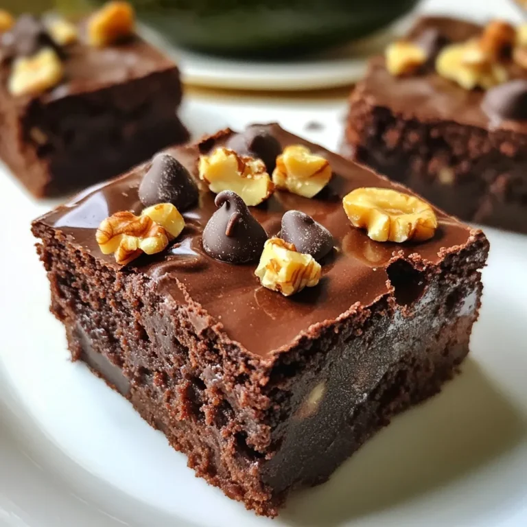 For these Vegan Chocolate Avocado Brownies, gather the following ingredients: - 1 ripe avocado, mashed - 1 cup unsweetened applesauce - ¾ cup maple syrup - 1 teaspoon vanilla extract - 1 cup almond flour - ½ cup cocoa powder - 1 teaspoon baking soda - ½ teaspoon salt - ½ cup dark chocolate chips (dairy-free) - ¼ cup chopped walnuts (optional) Each ingredient plays a key role. The mashed avocado keeps the brownies moist and adds healthy fats. Unsweetened applesauce sweetens without added sugar. Maple syrup adds rich flavor and sweetness. Almond flour gives a nice texture and keeps it gluten-free. Cocoa powder brings the chocolatey goodness. Baking soda helps the brownies rise, while salt enhances the flavor. Dark chocolate chips make these brownies extra special. If you like nuts, add walnuts for crunch. Using these fresh and wholesome ingredients makes for a delightful treat. It's great to know you're using simple, plant-based options that taste amazing! {{ingredient_image_1}} - Preheat the oven to 350°F (175°C). - Grease or line an 8x8 inch baking pan with parchment paper. In a large bowl, I mash the avocado until smooth. Then, I add the applesauce, maple syrup, and vanilla extract. I mix everything until it looks creamy and well blended. This step gives the brownies a rich texture. In another bowl, I whisk together the almond flour, cocoa powder, baking soda, and salt. This mix is crucial for good flavor and texture. It helps the brownies rise and be soft. I gradually add the dry mix into the wet mix, stirring gently. I want to ensure it combines fully without over-mixing. Next, I fold in the dark chocolate chips and walnuts if I choose to add them. This adds a nice crunch and boosts the chocolate flavor. I pour the brownie batter into the prepared pan, spreading it evenly. I bake it in the preheated oven for 25-30 minutes. To check if they're done, I insert a toothpick into the center. If it comes out mostly clean, they are ready! I let the brownies cool in the pan for about 10 minutes. Then, I transfer them to a wire rack to cool completely. Finally, I cut them into squares and get ready to enjoy! To keep your brownies light, don't overmix the batter. Stir just until the dry and wet ingredients blend. This keeps the brownies from being too dense. Accurate measuring is key. Use a kitchen scale for the best results. Too much almond flour or cocoa can make them heavy. If you lack almond flour, you can use oat flour or all-purpose flour. For a nut-free option, try using sunflower seed flour. If you want gluten-free brownies, stick with almond flour or use certified gluten-free oats to make oat flour. To boost flavor, think about adding spices like cinnamon or a pinch of sea salt. You can also add a drop of peppermint or almond extract. These simple tweaks can take your brownies to a new level. Don’t be afraid to experiment with flavors! Pro Tips Use a Ripe Avocado: Ensure your avocado is perfectly ripe for the creamiest texture. A slightly overripe avocado will give the best results. Check for Doneness: To ensure your brownies are perfectly baked, insert a toothpick into the center. It's okay if a few moist crumbs stick to it; that means they’re fudgy! Storing Brownies: Store leftover brownies in an airtight container at room temperature for up to 3 days, or refrigerate for up to a week to maintain freshness. Customize Your Add-ins: Feel free to swap the walnuts for other nuts or add dried fruit for a unique twist on these brownies. {{image_2}} To make nut-free vegan brownies, simply skip the walnuts. You can replace almond flour with oat flour. This swap keeps the brownies moist and delicious. You can also use sunflower seed butter instead of nuts. This option adds creaminess without adding nuts. If you want a different sweet taste, try coconut sugar or agave syrup. Both options add sweetness without refined sugar. Coconut sugar gives a rich caramel flavor. Agave syrup is sweeter than maple syrup, so use less of it. Adjust the amount to fit your taste. You can add extra fun to your brownies with mix-ins. Try using different types of chocolate chips, like white or peanut butter chips. Dried fruits, like cherries or cranberries, also work great. You can even add fresh raspberries for a burst of flavor. These mix-ins make your brownies unique and exciting! To keep your brownies fresh, store them in an airtight container. Place a piece of parchment paper between layers to avoid sticking. This helps maintain their soft texture. If you want to keep them for more than a few days, refrigeration is a great option. Just make sure to seal them tightly. You can freeze these brownies for later enjoyment. First, cut them into squares. Then, wrap each piece in plastic wrap. Place the wrapped brownies in a freezer bag or airtight container. This keeps them fresh for up to three months. When you're ready to eat, thaw them in the fridge overnight. For a quick fix, you can also microwave them for about 15-20 seconds. These brownies will stay fresh for about five days at room temperature. If you refrigerate them, they will last up to a week. Freezing extends their life, so enjoy them whenever you want a tasty treat! Yes, you can use other flours. Try oat flour or whole wheat flour. They give good results. Each flour has a different taste and texture. Almond flour makes the brownies moist. Other flours might change this. If you swap flours, keep an eye on texture and moisture. Yes, these brownies are healthy. They use avocado for creaminess and healthy fats. The applesauce adds sweetness without extra sugar. Maple syrup is a natural sweetener. Dark chocolate chips bring antioxidants. They have no eggs or dairy, making them vegan-friendly and lower in calories. Check the brownies after 25 minutes. Insert a toothpick in the center. If it comes out mostly clean, they are done. A few crumbs are okay, but no wet batter. If the toothpick has wet batter, bake for a few more minutes. Yes, you can use other ingredients. Silken tofu or banana can work well. They provide moisture and creaminess. However, these swaps can change the taste. Avocado gives a rich flavor and texture. If you try a swap, taste the batter to adjust sweetness. You now have a tasty recipe for brownies made with simple ingredients. We covered how to mix them, bake them, and even store them. Remember, using the right measurements makes a big difference in texture. You can also try fun variations and substitutions to suit your taste. I hope you feel inspired to bake and enjoy these healthy treats. Baking is fun, and these brownies will surely impress!