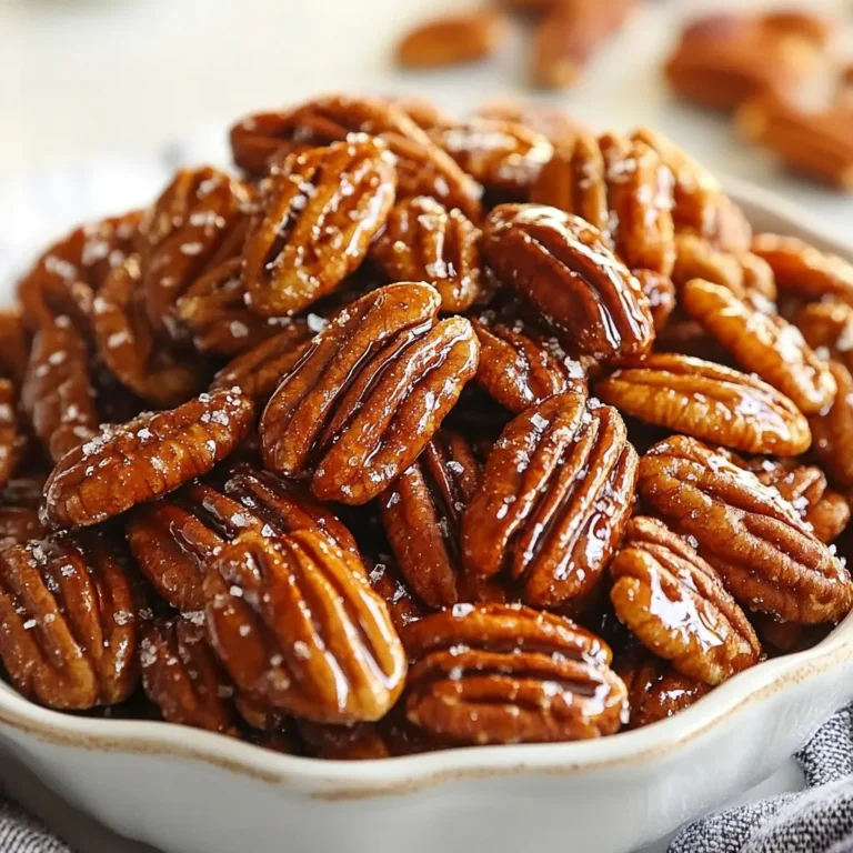 To make Cinnamon Maple Roasted Pecans, you need just a few simple items. Gathering these ingredients will set you up for success. - 2 cups pecan halves - 1/4 cup pure maple syrup - 1 tablespoon ground cinnamon - 1/2 teaspoon sea salt - 1/2 teaspoon vanilla extract - 1/4 teaspoon cayenne pepper (optional) - 1 tablespoon coconut oil or unsalted butter, melted These ingredients create a sweet and spicy mix. The pecans shine with maple goodness and cinnamon warmth. Each bite brings joy. You can adjust the cayenne pepper for more or less heat, depending on your taste. Using pure maple syrup adds depth to the flavor. The sea salt balances the sweetness perfectly. Vanilla extract rounds off the taste, making it rich and inviting. Melted coconut oil or butter helps the pecans to roast nicely. This ensures they get that perfect crunch. Always choose high-quality ingredients for the best results. With these ingredients, you will create a snack that is hard to resist. Enjoy the process of making this tasty treat! {{ingredient_image_1}} - Preheat your oven to 350°F (175°C). - Line a baking sheet with parchment paper. This helps with easy cleanup. - In a large bowl, mix together: - 1/4 cup pure maple syrup - 1 tablespoon melted coconut oil (or unsalted butter) - 1 tablespoon ground cinnamon - 1/2 teaspoon sea salt - 1/2 teaspoon vanilla extract - 1/4 teaspoon cayenne pepper (optional for a kick) - Stir until the mixture is well blended. - Add 2 cups of pecan halves to your bowl. - Toss the pecans in the maple syrup mixture. Make sure they are evenly coated. - Spread the coated pecans in a single layer on the baking sheet. - Roast the pecans for 10 to 12 minutes. Stir halfway through to ensure even roasting. - Keep an eye on them; nuts can brown quickly. - Once roasted, remove the baking sheet from the oven. - Allow the pecans to cool on the sheet. They will get crunchier as they cool. To avoid burning your pecans, stir them halfway through roasting. This helps them roast evenly. Keep a close eye on the time. Nuts can brown quickly, so set a timer for 10 minutes. Check them often to make sure they don’t overcook. For an extra kick, consider adding cayenne pepper. It adds a nice spice that balances the sweetness. You can also serve these pecans with salads or desserts. Their crunch pairs well with creamy or soft dishes. Presentation matters! Serve your roasted pecans in a pretty bowl or small jars. Tie a ribbon around the jars for a lovely gift. These pecans also make great toppings. Sprinkle them on ice cream, yogurt, or salad for added flavor and crunch. Pro Tips Use Fresh Pecans: For the best flavor and crunch, opt for fresh pecans rather than older ones that may have gone stale. Adjust Sweetness: If you prefer less sweetness, feel free to reduce the amount of maple syrup according to your taste. Experiment with Spices: Try adding other spices like nutmeg or allspice for a unique twist on the classic cinnamon flavor. Cool Completely: Allow the pecans to cool completely on the baking sheet to achieve the perfect crunchy texture. {{image_2}} You can add more cayenne for a spicy kick. This makes the snack more exciting. If you want to try something new, mix in cinnamon, nutmeg, or ginger. Each spice adds a unique flavor that makes your roasted pecans stand out. You can use sugar alternatives with maple syrup. Try monk fruit or stevia to keep it sweet. These substitutes work great with the maple flavor. Just remember to adjust the amount based on the sweetness you like. If you want to switch things up, use other nuts. Walnuts or almonds are great choices. Each nut brings a different taste and texture. This way, you can enjoy the same sweet and salty flavors with a new twist! To keep your cinnamon maple roasted pecans fresh, use airtight containers. Glass jars or plastic bins work well. Make sure the lid seals tightly. This helps prevent air and moisture from spoiling your tasty snack. You can store these pecans for up to two weeks. If you keep them in a cool, dark place, they will stay tasty and crunchy. Check for any signs of spoilage before eating. If they smell off, it's best to toss them. If you want to keep your pecans longer, freezing works great! First, let them cool completely. Then, place them in a freezer-safe bag or container. Make sure to remove as much air as possible. To thaw, leave them at room temperature for a few hours. Enjoy them later without losing flavor! Yes, you can use raw pecans. However, roasting brings out their rich flavor. Raw pecans will not have the same crispness or taste depth. If you want a nutty crunch, I recommend roasting them first. Pecans are done roasting when they smell nice and nutty. They should turn golden brown. Keep checking them after 10 minutes. Stir halfway to help them roast evenly. If they look too dark, they are likely overcooked. You can use leftover pecans in many ways. They are great in salads or atop desserts. You can also add them to oatmeal or yogurt. They make a tasty snack on their own, too! Yes, these pecans are gluten-free. All the ingredients, like maple syrup and coconut oil, contain no gluten. This makes them a safe snack for those with gluten sensitivities. Yes, you can easily make this recipe vegan. Simply use coconut oil instead of butter. All other ingredients are already plant-based. Enjoy these delicious pecans without any animal products! Cinnamon maple roasted pecans create a tasty treat with simple ingredients. You learned how to prepare, roast, and store these pecans for maximum flavor. Remember to stir halfway for even roasting. Try adding spices to make them your own. Whether you enjoy them as a snack or share them as gifts, these pecans are sure to impress. Keep your pecans fresh in airtight containers, and savor their crunch for up to two weeks. Happy cooking!
