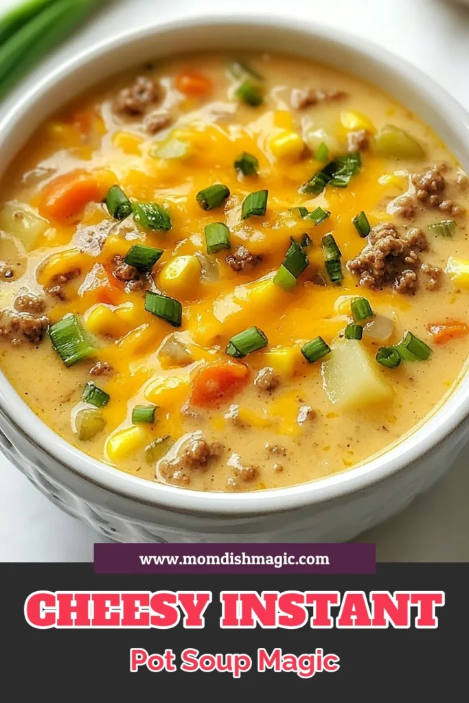 Discover the ultimate comfort food with this Instant Pot cheeseburger soup! This easy cheesy hamburger soup recipe combines ground beef, hearty vegetables, and creamy cheddar for a deliciously satisfying meal. Perfect for busy weeknights, this creamy cheddar soup instant pot is quick to make and packed with flavor. Try this easy cheesy soup instant pot recipe tonight and watch it become a family favorite! Save for later! #InstantPot #CheeseburgerSoup #GroundBeef #EasyRecipes