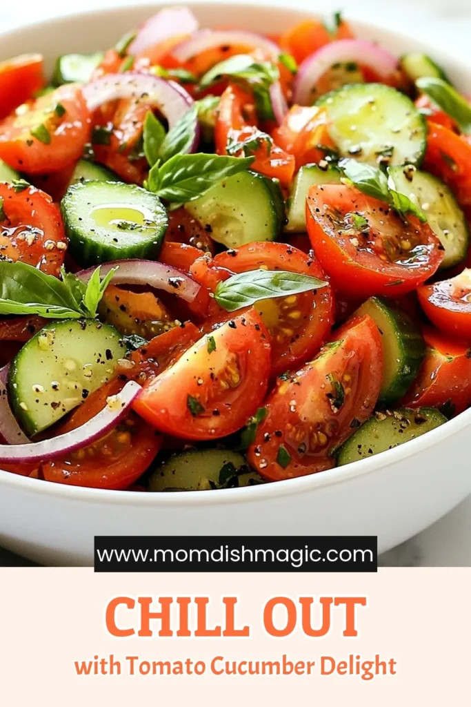 Looking for a refreshing salad recipe this summer? Try this simple tomato cucumber salad that combines diced tomatoes, cucumbers, and red onion, tossed with a delicious balsamic vinaigrette dressing. This healthy vegetable salad is perfect for warm days and easy to make, taking just 10 minutes to prep! Perfect for BBQs or light lunches, save this tomato cucumber salad idea for your next gathering! #SaladRecipes #HealthyEating #SummerSalads #BalsamicVinaigrette