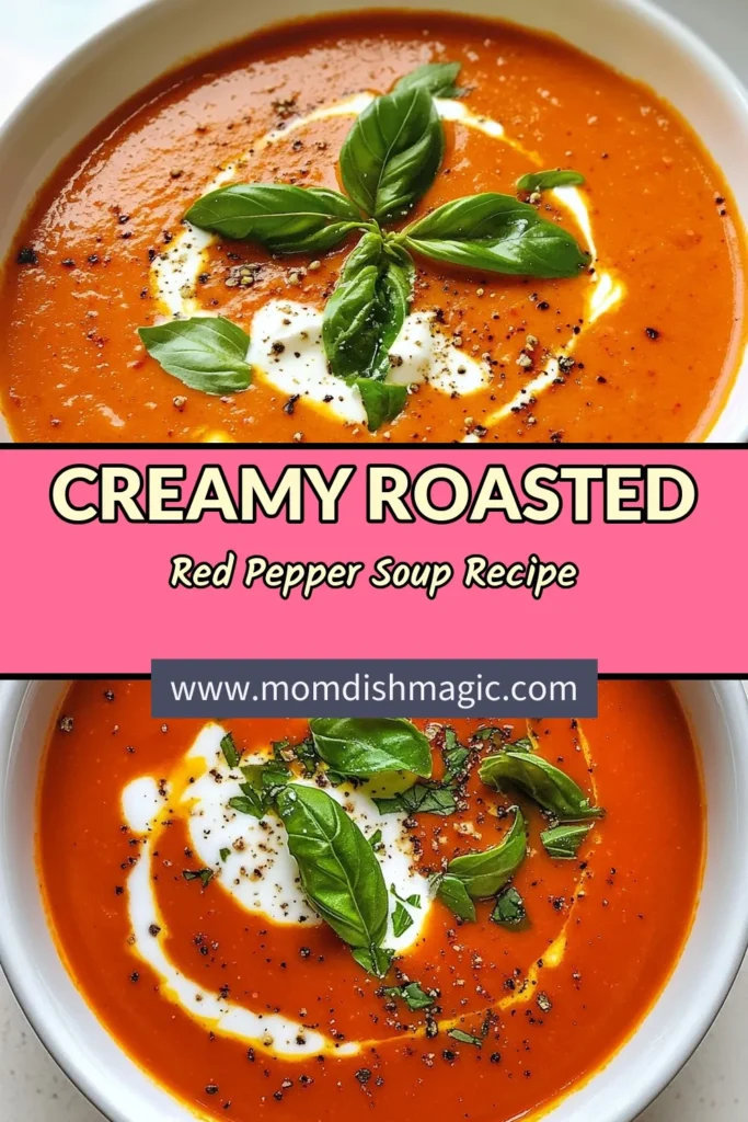 Indulge in a bowl of comfort with this Roasted Red Pepper Tomato Soup. This creamy tomato soup recipe blends roasted peppers and ripe tomatoes for a rich, flavorful experience. Perfect as a healthy tomato soup recipe or as a vegetable soup with roasted peppers, it's easy to make and entirely homemade. Ready to savor? Try this delicious, nutritious soup today! Save this recipe for your next meal! #RoastedRedPepperTomatoSoup #HealthyRecipes #HomemadeSoup #VegetableSoup