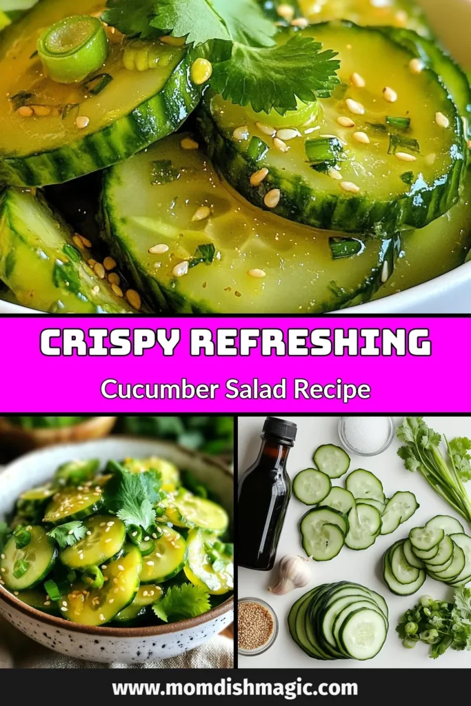 Discover the ultimate crispy cucumber salad recipe with this easy Asian cucumber salad! Bursting with refreshing flavors and a delightful sesame dressing, this cucumber salad is perfect for any meal. In just 35 minutes, you can whip up a delicious dish that will impress your guests. Don't miss out on this must-try recipe! Save it for later and enjoy the perfect side dish! #CucumberSalad #AsianCucumbersalad #HealthyRecipes #QuickMeals