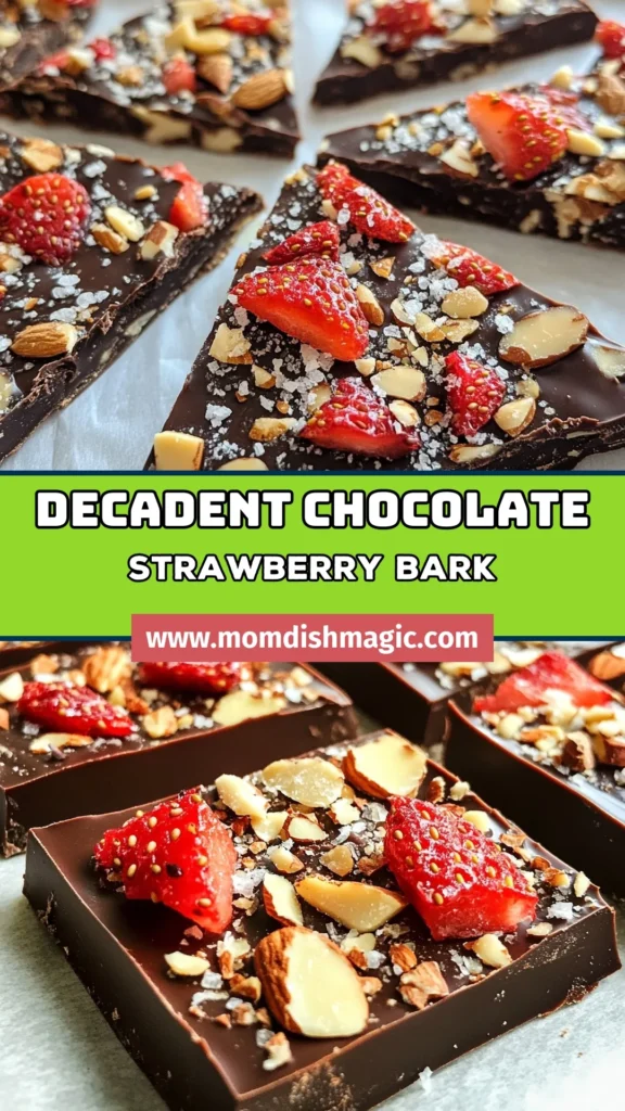 Indulge in this delicious Choco-Strawberry Bark Recipe that combines rich chocolate bark with strawberries for the perfect sweet treat. This easy chocolate treat is quick to make and features dried strawberries, crushed almonds, and a sprinkle of sea salt for gourmet flair. Perfect for satisfying your cravings! Try making this homemade chocolate bark today! Save this recipe for your dessert collection! #ChocolateBark #DriedStrawberryDesserts #EasyChocolateTreats #HomemadeBark