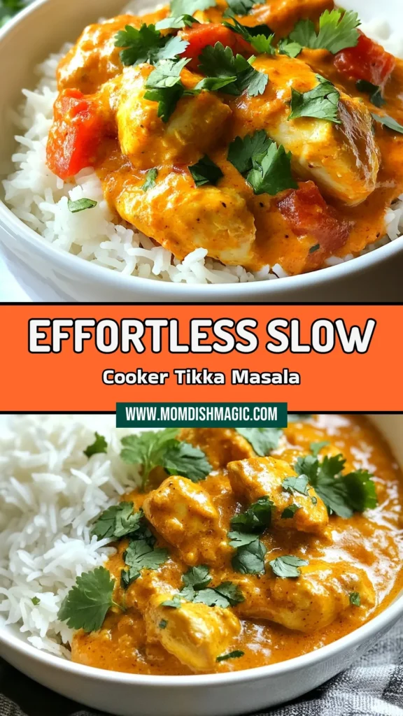 Discover the rich flavors of slow cooker chicken tikka masala with our easy chicken tikka masala recipe! This creamy tikka masala with coconut milk is a must-try for any curry lover. Perfect for busy weeknights, this Indian chicken recipe in the slow cooker takes the hassle out of cooking, making dinner a breeze. Don't miss out on the marinade for chicken tikka masala that elevates the taste. Save this recipe for delicious meals! #ChickenTikkaMasala #SlowCookerRecipes #IndianCuisine #EasyDinnerIdeas