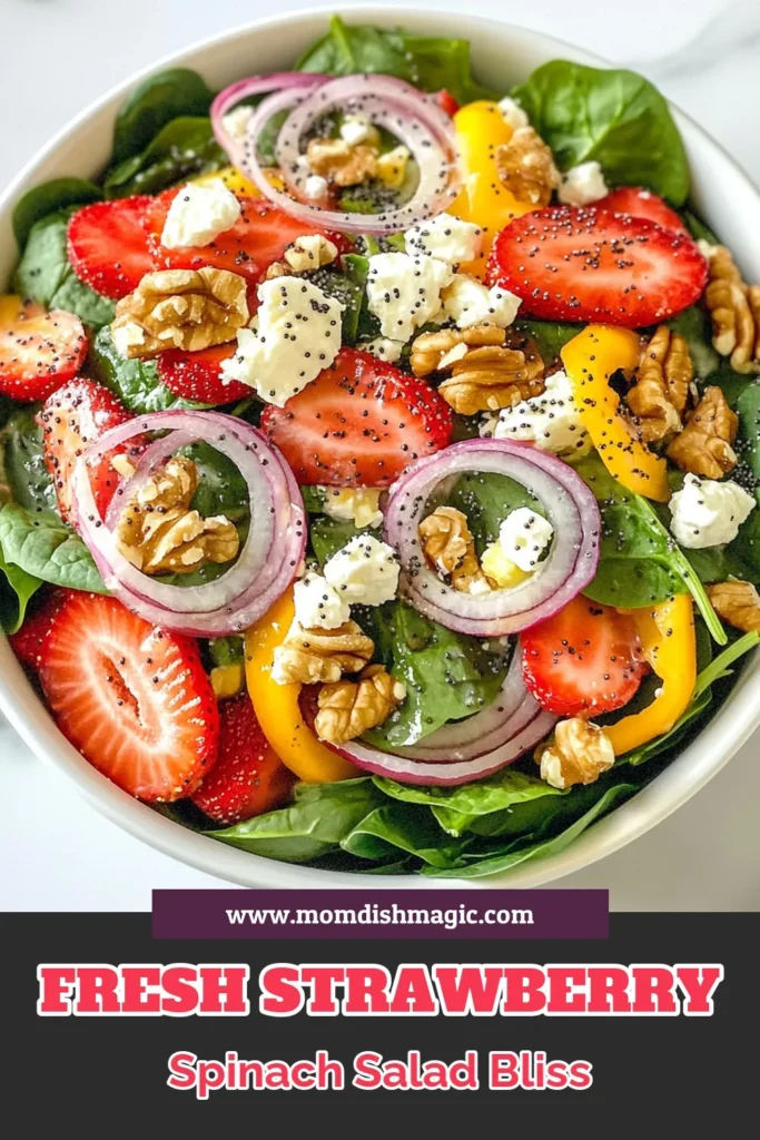 Discover the perfect Strawberry Spinach Salad that combines fresh spinach, juicy strawberries, and feta cheese for a delightful healthy salad with strawberries. This spinach salad recipe is drizzled with a homemade poppyseed dressing made from apple cider vinaigrette. It's quick and simple to make, ideal for meals or gatherings. Try this delicious feta spinach salad today and enjoy! Save your favorite recipes now! #SaladRecipes #HealthyEating #StrawberrySalad #SpinachSalad