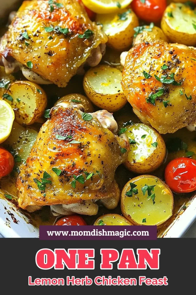 Discover the ease of a delicious one pan chicken dinner with this Sheet Pan Lemon Herb Chicken recipe! This easy chicken thigh recipe features marinated lemon chicken thighs paired with oven roasted chicken and potatoes, infused with zesty flavors. Perfect for busy weeknights, it's sure to impress! Try it today, and enjoy the blend of savory garlic, fresh herbs, and vibrant veggies. Save this recipe for your next meal! #SheetPanDinner #EasyChickenRecipe #OnePanMeal #LemonHerbChicken