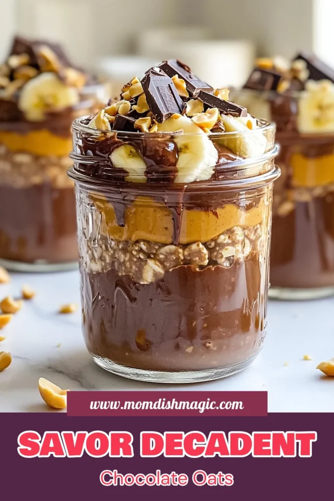Indulge in this delicious Chocolate Peanut Butter Overnight Oats recipe for a healthy breakfast that satisfies your cravings! Packed with creamy chocolate and nutty goodness, these overnight oats with cocoa are a simple, easy vegan oatmeal recipe. Perfect for meal prep, just combine ingredients and refrigerate overnight. Enjoy a fabulous start to your day! Save this healthy breakfast recipe for later! #ChocolatePeanutButterOats #HealthyBreakfast #VeganOatmeal #OvernightOats