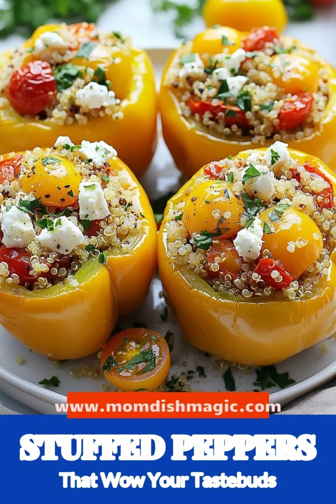Discover the vibrant flavors of Mediterranean stuffed peppers with this simple and healthy vegetarian recipe! These quinoa stuffed bell peppers, filled with a delightful mix of quinoa, cherry tomatoes, chickpeas, and feta, are perfect for any meal. Enjoy a delicious Mediterranean quinoa recipe that’s vegan-friendly too! Try this recipe tonight and bring the Mediterranean to your table! Save for later! #StuffedPeppers #HealthyRecipes #VeganCooking #MediterraneanFood
