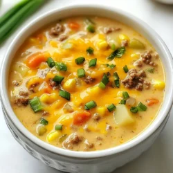 To make your Instant Pot cheeseburger soup, you'll need these key items: - 1 lb ground beef - 1 medium onion, diced - 2 cloves garlic, minced - 4 medium potatoes, peeled and diced - 4 cups beef broth - 1 cup carrots, diced - 1 cup corn (frozen or canned) - 1 tablespoon Worcestershire sauce - 2 teaspoons mustard (yellow or Dijon) - 1 teaspoon onion powder - 1 teaspoon paprika - Salt and pepper to taste - 1 cup cheddar cheese, shredded - ½ cup heavy cream - 2 green onions, sliced for garnish These ingredients come together to create a rich, hearty soup. The ground beef gives it a great base. The diced potatoes and carrots add texture. The cheese and cream make it creamy and delicious. Garnishes add a final touch to your soup. Here are some great options: - Sliced green onions - Extra shredded cheese - Crispy bacon bits - Fresh parsley Choose the ones you like best. They can boost the flavor and make your soup look even better. If you want to switch things up, you can use these alternatives: - Ground turkey instead of beef for a leaner option - Vegetable broth for a lighter taste - Cauliflower instead of potatoes for a low-carb twist These swaps help you customize the soup to fit your taste. You can still enjoy that cheeseburger flavor with different ingredients. {{ingredient_image_1}} First, gather your ingredients. You need: - 1 lb ground beef - 1 medium onion, diced - 2 cloves garlic, minced - 4 medium potatoes, peeled and diced - 4 cups beef broth - 1 cup carrots, diced - 1 cup corn (frozen or canned) - 1 tablespoon Worcestershire sauce - 2 teaspoons mustard (yellow or Dijon) - 1 teaspoon onion powder - 1 teaspoon paprika - Salt and pepper to taste - 1 cup cheddar cheese, shredded - ½ cup heavy cream - 2 green onions, sliced for garnish Chop your veggies first. Dicing the onion, garlic, potatoes, and carrots will save you time. Now, let’s cook. Set your Instant Pot to sauté mode. Add the ground beef. Cook it for 5 to 7 minutes. Use a spatula to break the beef into small pieces. If there's too much grease, drain it. Next, add the onion and garlic. Cook them for 2 to 3 minutes. You want the onion to look clear. Then, mix in the diced potatoes, carrots, and corn. Pour in the beef broth next. Add Worcestershire sauce, mustard, onion powder, paprika, salt, and pepper. Stir until blended. Seal the lid and set the valve to sealing. Choose the manual or pressure cook option. Cook on high pressure for 10 minutes. When the timer goes off, do a quick release. Carefully release the pressure and open the lid. Stir in the heavy cream and shredded cheddar cheese. Mix until smooth. Taste it, and adjust seasoning if needed. Ladle the soup into bowls. Top with sliced green onions for a fresh touch. Enjoy your hearty and satisfying cheeseburger soup! To get the best flavor in your cheeseburger soup, start with fresh ingredients. Use high-quality ground beef for a rich taste. I recommend browning the meat really well. This adds depth to the soup. Don't skip the sautéing step for onions and garlic. It brings out their sweetness. Once you add the broth, Worcestershire sauce, and mustard, let the flavors blend. The longer the soup sits, the better it tastes. A common mistake is not draining excess grease from the beef. This can make your soup too greasy. Also, avoid adding too much liquid at once. Stick to the recipe for the best texture. Adding the cream and cheese too early can prevent them from melting smoothly. Lastly, don't forget to taste your soup before serving. Adjust the seasoning to your liking. For this recipe, you need an Instant Pot. It speeds up the cooking process and keeps the flavors locked in. A good cutting board and sharp knife help with prep. A ladle is great for serving your soup. Lastly, keep measuring cups and spoons handy for accuracy. These tools make cooking simple and enjoyable. Pro Tips Use Fresh Ingredients: Fresh vegetables can enhance the flavor and texture of your soup, making it more vibrant and delicious. Adjust Thickness: If you prefer a thicker soup, you can mash some of the potatoes after cooking or add a cornstarch slurry before the final simmer. Cheese Variations: Experiment with different types of cheese, such as pepper jack or gouda, for a unique twist on the classic cheesy flavor. Make Ahead: This soup can be made ahead of time and stored in the fridge for up to 3 days, allowing the flavors to meld beautifully. {{image_2}} You can easily make this soup vegetarian or vegan. Start by swapping the ground beef for plant-based crumbles or lentils. Use vegetable broth instead of beef broth. For creaminess, replace heavy cream with coconut milk or cashew cream. The flavors will still shine through, and everyone will love it! If you want a gluten-free version, use gluten-free beef broth and check your Worcestershire sauce. Some brands have gluten. You can also use corn starch to thicken the soup if needed. Enjoy this hearty meal without worry! Want to add more flavor? Try adding diced bell peppers or mushrooms for extra texture. You can also sprinkle in some smoked paprika for a deeper taste. For spice lovers, a dash of hot sauce or red pepper flakes will kick it up a notch. Feel free to get creative! To keep your cheeseburger soup fresh, pour it into an airtight container. Make sure to let it cool first. Store it in the fridge for up to three days. If you have a lot left, consider freezing some for later. When you’re ready to enjoy the soup again, you can reheat it easily. Pour the soup into a pot. Heat it over medium heat until warm. You can also use the microwave. Place it in a bowl and heat for one to two minutes. Stir halfway through. If you want to freeze the soup, do this right after cooking. Let it cool completely. Then, pour it into freezer-safe bags. Remove as much air as you can before sealing. The soup can last in the freezer for up to three months. When you are ready to eat it, thaw it in the fridge overnight before reheating. Instant Pot Cheeseburger Soup lasts about 3 to 5 days in the fridge. Store it in an airtight container. Always check for any signs of spoilage before eating. If you keep it in the freezer, it can last for about 3 months. Just thaw it in the fridge before reheating. Yes, you can use other meats! Ground turkey or chicken works well. You can even try diced ham or sausage for a twist. Just make sure to adjust the cooking time if needed. Each option will give you a different flavor, but all will be tasty. Cheeseburger soup pairs great with several sides. A fresh garden salad adds a nice crunch. You can also serve it with crusty bread or garlic toast. For a heartier option, try a side of potato wedges or chips. These sides will complement the soup well. Yes, you can make this dish ahead of time! Prepare the soup and store it in the fridge. Just reheat it before serving. If you want, you can also freeze it. This way, you have a quick meal ready for busy days. Cheeseburger soup is a fun twist on a classic meal. We covered simple ingredients, from core elements to tasty toppings. I shared clear steps to prep, cook, and finish your soup just right. You can also explore flavor variations and smart storage tips for leftovers. Remember to avoid common mistakes for the best results. With these tips, your cheeseburger soup will impress everyone. Enjoy making it your own!