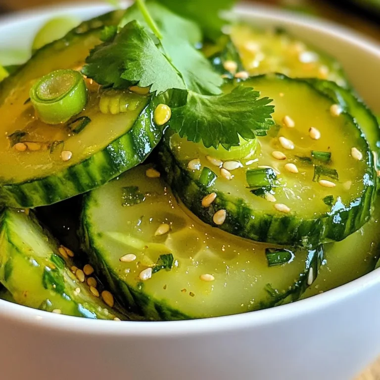 - 2 large cucumbers, thinly sliced - 1 teaspoon salt - 1 tablespoon sugar - 3 tablespoons rice vinegar - 1 tablespoon soy sauce - 1 tablespoon sesame oil - 1 clove garlic, minced - 1 tablespoon fresh ginger, grated - 2 green onions, finely sliced - 1 tablespoon sesame seeds, toasted - Fresh cilantro leaves for garnish Cucumbers are the star of this salad. They add a crisp, refreshing bite. They are low in calories and high in water. This makes them a great choice for hydration. Salt helps draw out water from cucumbers. This keeps the salad crunchy. Sugar balances the flavor and enhances sweetness. Rice vinegar adds tang and brightness. Soy sauce brings a savory depth. Sesame oil gives a rich, nutty taste. Garlic and ginger add zing and warmth. Green onions provide a mild onion flavor. Toasted sesame seeds add crunch and a nutty touch. Fresh cilantro gives a burst of freshness. You can swap cucumbers for zucchini if needed. Zucchini offers a similar crunch. For a sweeter touch, try honey instead of sugar. If you want a gluten-free option, use tamari instead of soy sauce. For a milder flavor, skip the garlic or use a pinch of garlic powder. You can also add chopped bell peppers or carrots for color. They will add more nutrients and a nice crunch. {{ingredient_image_1}} First, grab your two large cucumbers. Thinly slice them into rounds. Place the slices in a colander. Sprinkle one teaspoon of salt over the cucumbers. This step helps draw out the excess water. Let them sit for about 15 minutes. This makes the salad crispier. After 15 minutes, rinse the cucumbers under cold water. Pat them dry with paper towels. Drying is key to prevent a soggy salad. Now, let’s make the dressing. In a separate bowl, add one tablespoon of sugar. Pour in three tablespoons of rice vinegar. Then, add one tablespoon of soy sauce. Follow this with one tablespoon of sesame oil. Mince one clove of garlic and grate one tablespoon of fresh ginger. Add these to the bowl. Whisk everything together until the sugar dissolves completely. This dressing packs a punch of flavor! Take your dry cucumbers and place them into the bowl with the dressing. Toss the cucumber slices well to coat them evenly. Next, slice two green onions finely and add them to the bowl. Then, sprinkle one tablespoon of toasted sesame seeds on top. Mix gently to combine all the ingredients. Let the salad sit for about 10 minutes. This helps the flavors meld together. Serve chilled or at room temperature. Top with fresh cilantro leaves for a vibrant finish. Enjoy your crunchy, fresh salad! To get that great crunch in your salad, start with fresh cucumbers. Choose firm, shiny cucumbers without soft spots. Thinly slice them for the best texture. Sprinkle salt on the slices and let them sit in a colander for 15 minutes. This step pulls out extra water. Rinse the slices well and pat them dry. This makes your salad crisp and refreshing. Timing matters when mixing your salad. After making the dressing, add the cucumbers right away. Toss them well to coat each slice. The cucumbers soak up the flavors better this way. Let the salad sit for 10 minutes before serving. This resting time allows the flavors to blend, making every bite tasty. When mixing your salad, be gentle. You want to keep the cucumber slices whole. Add the green onions and sesame seeds last. This keeps them crunchy and bright. Serve the salad chilled or at room temperature. Garnish with fresh cilantro for a pop of color. This adds not only looks but also a fresh taste. Enjoy your salad as a side dish or a light snack! Pro Tips Salting the Cucumbers: Salting the cucumbers not only helps draw out excess moisture but also enhances their crunchiness. Don't skip this step for the best texture! Adjusting Sweetness: Depending on your taste preference, feel free to adjust the sugar in the dressing. For a tangier flavor, reduce the sugar slightly. Serving Temperature: This salad tastes best when served chilled. Consider making it ahead of time and letting it sit in the refrigerator for an hour before serving. Garnish Variation: While cilantro adds a fresh touch, you can also experiment with other herbs like mint or basil for a unique flavor profile! {{image_2}} To make this salad a full meal, add protein. Good choices include grilled chicken, shrimp, or tofu. Each option adds flavor and texture. Just chop them into bite-sized pieces and mix them in. You get a satisfying dish that fills you up. It also makes the salad more nutritious. Want some heat? You can add chili for a spicy kick. Fresh chili peppers work well. Slice them thin and toss them in with the cucumbers. If you prefer a milder flavor, use chili oil. Just a drizzle will give you warmth without overpowering the dish. Adjust the amount based on your taste. You can switch up the dressing for new tastes. Try adding lime juice instead of rice vinegar. Or use peanut sauce for a creamy twist. You can also mix in some fish sauce for a deeper umami flavor. Each dressing gives the salad a unique flair. Experiment until you find your favorite! After you enjoy your salad, you may have some left. To store it, use an airtight container. Keep it in the fridge. This will keep your Asian cucumber salad fresh for up to three days. If the salad seems watery, you can drain excess liquid before serving. To keep the salad fresh, store the cucumbers and dressing separately if possible. Mix them just before serving. If you mix them too early, the cucumbers will release water. This can make the salad soggy. You want that nice crunch! You do not need to reheat this salad. It tastes best cold or at room temperature. If you forget to chill it, place it in the fridge for about 30 minutes. This will enhance the flavors and make it refreshing. I recommend using English cucumbers or Persian cucumbers. They have fewer seeds and a thin skin. This makes them crispier and less bitter. Their texture holds up well in the salad. You can use regular cucumbers, but they may taste watery. Yes, you can prepare this salad ahead of time. Just make sure to store it in the fridge. The flavors blend well and taste even better after a few hours. However, if you plan to serve it later, keep the dressing separate. This keeps the cucumbers crunchy. Asian Cucumber Salad is low in calories and high in nutrients. Cucumbers are full of water, which helps keep you hydrated. They also provide fiber for good digestion. The garlic and ginger add immune-boosting properties. Plus, sesame oil is rich in healthy fats. Overall, this salad is a great choice for a fresh and healthy dish. Asian cucumber salad offers a refreshing and healthy dish that’s easy to prepare. We covered key ingredients, steps to make it, and tips for the perfect crunch. You can adapt the recipe with protein, spices, or dressings to suit your taste. Storing leftovers properly keeps your salad fresh for later enjoyment. With the answers to common questions, you now have the tools to enjoy this dish anytime. Dive in, experiment, and make this salad your own!