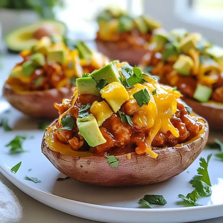 - 4 medium sweet potatoes - 2 cups cooked shredded chicken - 1/2 cup BBQ sauce (choose your favorite) - 1/2 cup corn (canned or frozen) - 1/2 cup black beans, drained and rinsed - 1/2 cup shredded cheddar cheese - 1/4 cup red onion, finely chopped - 1 avocado, diced - Fresh cilantro, for garnish - Salt and pepper to taste - Olive oil for drizzling To make BBQ chicken stuffed sweet potatoes, you need simple, fresh ingredients. Sweet potatoes serve as the base, giving you a sweet and creamy texture. You will need cooked shredded chicken, which adds protein and heartiness. Choose your favorite BBQ sauce to bring in smoky and tangy flavors. Adding corn and black beans gives the dish a nice crunch and more nutrients. For toppings, shredded cheddar cheese melts perfectly on top. Finely chopped red onion adds a bit of bite, while diced avocado brings creaminess. Fresh cilantro adds a pop of color and freshness. Don’t forget salt and pepper for seasoning, and olive oil for roasting. This mix of ingredients makes for a tasty meal that is easy to prepare. {{ingredient_image_1}} First, wash and scrub the sweet potatoes well. This step removes dirt and makes them clean. After washing, pat them dry using a paper towel. Next, prick each potato with a fork several times. This allows steam to escape during baking. Drizzle olive oil lightly on the potatoes and sprinkle salt over them for flavor. Now, place the sweet potatoes on a baking sheet lined with parchment paper. Bake them in a preheated oven at 400°F (200°C) for about 45-50 minutes. You will know they are done when they feel tender and can be pierced easily with a fork. While the sweet potatoes bake, it’s time to make the BBQ chicken mixture. In a large bowl, combine the cooked shredded chicken, BBQ sauce, corn, black beans, and red onion. Mix them well until all ingredients are coated in the sauce. Taste your mixture and adjust the flavor with salt and pepper as needed. This step is key for a tasty filling. Once the sweet potatoes are baked, remove them from the oven and let them cool for a few minutes. Carefully make a slit down the top of each potato. Gently open them up to create space for your filling. Now, fill each sweet potato with the BBQ chicken mixture. Be sure to distribute the filling evenly among all four potatoes. After that, sprinkle shredded cheddar cheese on top of the stuffed potatoes. Return them to the oven for about 10 minutes. This helps the cheese melt and become bubbly. Once done, take them out of the oven and top with diced avocado and fresh cilantro for a burst of flavor. Enjoy your delicious BBQ Chicken Stuffed Sweet Potatoes! To get sweet potatoes just right, follow these steps: - Ensuring even cooking: Preheat your oven well before baking. This helps to cook the sweet potatoes evenly. Place them on a baking sheet to catch any drips. - Pricking sweet potatoes effectively: Use a fork to prick the potatoes all over. This allows steam to escape and prevents them from bursting in the oven. Choosing the right BBQ sauce makes a big difference. Here’s what to consider: - Choosing the best BBQ sauce: Look for sauces that balance sweet and tangy flavors. Some sauces are thicker and richer, while others are more vinegar-based. Pick one that you enjoy! - Additional seasonings to try: Add a pinch of smoked paprika or cumin to the chicken mix. These spices can enhance the flavor and give it a nice kick. A beautiful plate makes any meal more enjoyable: - Plating tips: Serve stuffed sweet potatoes on a large platter. This makes for a great centerpiece. If using individual plates, arrange them neatly for each guest. - Garnish ideas for visual appeal: Top each potato with fresh cilantro and diced avocado. You can also drizzle extra BBQ sauce on top for a colorful finish. A squeeze of lime adds a bright touch too. Pro Tips Choose the Right BBQ Sauce: Opt for a BBQ sauce that complements the sweetness of the potatoes; a smoky or tangy sauce works wonderfully. Perfectly Cooked Sweet Potatoes: To ensure even cooking, choose sweet potatoes of similar size for uniformity in baking time. Customize the Filling: Feel free to add your favorite ingredients like diced bell peppers or jalapeños for added flavor and texture! Keep It Fresh: Add avocado and cilantro right before serving to maintain their freshness and vibrant color. {{image_2}} Vegetarian options: You can make this dish vegetarian by swapping the chicken for a plant-based protein. Try using lentils, chickpeas, or tofu tossed in BBQ sauce. This option keeps the dish hearty and flavorful. Gluten-free tips: Most BBQ sauces are gluten-free, but always check the label. Also, sweet potatoes are naturally gluten-free, making this dish a safe choice for gluten-free diets. Alternative protein sources: If you want a different protein, use pulled pork or shredded beef instead of chicken. These options add rich flavors, giving the dish a new twist. Different types of beans and toppings: Feel free to switch black beans for pinto beans or kidney beans. You can also add toppings like diced tomatoes, jalapeños, or sour cream for extra flavor and texture. Additional toppings to consider: Besides avocado and cilantro, add a dollop of Greek yogurt or a sprinkle of feta cheese. These toppings bring creaminess and balance to the dish. Side dishes that complement: Pair your BBQ chicken stuffed sweet potatoes with a fresh salad or coleslaw. These sides offer crunch and freshness, balancing the rich flavors of the stuffed potatoes. To keep your BBQ chicken stuffed sweet potatoes fresh, you need to store them well. First, let the leftovers cool to room temperature. Then, place them in an airtight container. I like to use glass containers because they are safe for the oven and microwave. Label your container with the date. This way, you can track how long they’ve been in the fridge. Use them within 3 to 4 days for the best taste. When it's time to enjoy your leftovers, you have a couple of great options. The oven is my favorite method. Preheat it to 350°F (175°C). Place the stuffed sweet potatoes on a baking sheet and cover them with foil. Heat for about 15-20 minutes. This keeps the sweet potatoes soft and the cheese melty. If you need to reheat quickly, use the microwave. Place a potato on a microwave-safe plate. Heat it for 1-2 minutes. Check if it's hot throughout. If not, give it another minute. The microwave is fast, but it can make the texture a bit mushy. If you want to save your stuffed sweet potatoes for later, freezing is a smart choice. Make sure to freeze them before you add the cheese and avocado. This helps keep the flavors fresh. Wrap each sweet potato tightly in plastic wrap, then place them in a freezer-safe bag. They can last up to 3 months in the freezer. When you’re ready to eat, take one out and let it thaw in the fridge overnight. Then, reheat it in the oven as mentioned above. Enjoy the great flavors again! For BBQ chicken stuffed sweet potatoes, I recommend using a sauce that balances sweetness and tang. Brands like Sweet Baby Ray's and Stubs are popular for their rich flavors. You can also try a smoky sauce if you enjoy a deeper taste. Experiment with different styles, like mustard-based or vinegar sauces, to match your taste. Yes, you can use other potatoes. Russet or Yukon Gold potatoes work well. They will give a different taste. Russets are fluffier, while Yukon Golds are creamier. Both will change the texture slightly but still pair well with BBQ chicken. Sweet potatoes are done when they are soft. You can check by piercing them with a fork. If it goes in easily, they are ready. Look for a golden-brown skin, too. They should feel slightly firm but yield to a gentle squeeze. If you want, you can bake them longer for a sweeter flavor. This recipe shows how to make stuffed sweet potatoes with BBQ chicken. You learned about the best ingredients to use and how to prepare them. I shared tips for baking, seasoning, and presentation. You discovered variations for different diets and how to store leftovers properly. These stuffed sweet potatoes offer a tasty and healthy meal. Enjoy every bite and make it your own!