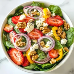 - 4 cups fresh baby spinach - 2 cups strawberries, hulled and sliced Fresh baby spinach is the base of this salad. It adds a soft, green crunch. The strawberries bring in sweet, juicy bites. Together, they create a bright, fresh look and taste. - 1/2 cup walnuts, toasted - 1/4 cup feta cheese, crumbled Toasted walnuts add a nice crunch and earthy flavor. Feta cheese gives a creamy, salty twist. These elements balance the sweetness of the strawberries. They also add depth to each bite. - 1/4 cup olive oil - 2 tablespoons apple cider vinegar - 1 tablespoon honey - 1 teaspoon poppy seeds - Salt and pepper to taste The dressing brings everything together. Olive oil gives richness. Apple cider vinegar adds a tangy kick. Honey sweetens and balances the flavors. Poppy seeds add a fun texture and look. Salt and pepper enhance all the tastes. {{ingredient_image_1}} - First, grab a large bowl. Add 4 cups of fresh baby spinach. This is the heart of your salad. - Next, layer it with 2 cups of sliced strawberries. They bring a sweet burst of flavor. - Now, sprinkle in 1/2 cup of toasted walnuts. They add a nice crunch and healthy fats. - Crumble 1/4 cup of feta cheese on top. Its savory taste balances the sweetness of the berries. - Finally, add 1/4 cup of thinly sliced red onion. It gives a bit of bite to the mix. - In a small bowl, combine 1/4 cup of olive oil, 2 tablespoons of apple cider vinegar, and 1 tablespoon of honey. - Add 1 teaspoon of poppy seeds to the mix. These tiny seeds add a nice texture. - Season with salt and pepper to taste. Whisk all the ingredients together until smooth. - Drizzle the poppyseed dressing over the salad base in the large bowl. - Gently toss the salad to coat all the ingredients. Make sure everything is well mixed. - Taste your salad. Adjust the seasoning if needed. Add more salt or honey if you like. - Serve your salad right away to keep it fresh and crunchy. Enjoy the delightful flavors! You can make the salad taste even better. Start by adjusting the seasoning. After tossing, taste it. If it needs more flavor, add a pinch of salt. Sometimes, a little more honey can balance the taste. If the dressing feels too tangy, honey helps to sweeten it up. Serve this salad right away. Freshness matters for the best taste. If you have leftovers, store them in an airtight container. Keep them in the fridge for a day. However, the salad tastes best when fresh. To impress your guests, serve the salad in chilled bowls. This keeps it cool and crisp. You can also add garnishing options. Sprinkling more poppy seeds or a few whole strawberries adds a lovely touch. For a splash of color, fresh mint leaves can brighten the dish. Pro Tips Fresh Spinach is Key: Always use fresh baby spinach for the best texture and flavor in your salad. Toast Your Walnuts: Toasting walnuts enhances their flavor, making them richer and crunchier in the salad. Quality Olive Oil Matters: Use a high-quality extra virgin olive oil for a more robust and fruity dressing. Adjust to Your Taste: Feel free to modify the sweetness of the dressing by adding more honey or balancing it with additional vinegar. {{image_2}} You can easily add protein to your Strawberry Spinach Salad. Grilled chicken or shrimp makes the salad heartier. Both options pair well with strawberries and feta. For chicken, use breast meat for a lean choice. For shrimp, grill them until they turn pink. Add these proteins on top of your salad for a tasty twist. If you follow a special diet, there are great swaps. For a gluten-free salad, check your dressing ingredients. Most dressings are gluten-free, but always read labels. To make this salad vegan, skip the feta and honey. You can use avocado instead of cheese for a creamy texture. Maple syrup makes a great vegan sweetener. Seasonal swaps can keep this salad fresh and exciting. In spring, try adding fresh blueberries or raspberries. They add a nice pop of color and flavor. In fall, replace spinach with kale for a different taste. You can also use nuts like pecans or almonds instead of walnuts. These swaps can change the salad while keeping it delicious. To store leftover salad, place it in an airtight container. Remove excess air to keep the greens crisp. If you have extra dressing, store it separately. This keeps the salad fresh longer. Using a glass container can help you see what’s inside. This salad stays fresh for about 1 to 3 days in the fridge. The baby spinach may wilt after a day. The strawberries will lose their firmness, but they remain tasty. If you see any signs of spoilage, it’s best to toss the salad. You can use leftover spinach in smoothies or omelets. Strawberries work well in yogurt or on oatmeal. Walnuts can be added to baked goods or eaten as a snack. Feta cheese is great on pizzas or in sandwiches. Red onions can add flavor to many dishes, like tacos or soups. Yes, you can prep this salad ahead of time. Here are some tips: - Wash and dry the spinach and strawberries. Store them separately in the fridge. - Toast the walnuts and keep them in an airtight container. - Make the dressing a day in advance. Store it in the fridge until you need it. When you're ready to serve, just mix everything together. This keeps the salad fresh and crunchy. If you don’t have poppy seeds, you can use these alternatives: - Sesame seeds add a nice crunch. - Chia seeds offer a similar texture. - Sunflower seeds bring a new flavor. These options will still give you a tasty dressing without poppy seeds. Yes, this salad is great for meal prep. Here’s how to make it work: - Layer ingredients in a jar. Start with the dressing at the bottom. - Add the sturdy ingredients, like walnuts and feta, next. - Keep spinach and strawberries at the top to stay fresh. When you’re ready to eat, just shake and enjoy. This makes lunch quick and easy! This salad recipe combines fresh produce and nuts for great flavor and texture. You learned how to make a tasty poppyseed dressing and assemble the salad with easy steps. Remember to keep it fresh and serve it right away for the best taste. Feel free to play with ingredients based on your diet needs or seasonal finds. With these tips, your salad will impress everyone. Enjoy making your salad and sharing it with friends and family!
