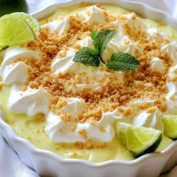 To make Key Lime Pie Dip, you will need: - 8 oz cream cheese, softened - 1 cup Greek yogurt - 1/2 cup powdered sugar - Zest of 2 limes - 1/4 cup fresh lime juice - 1 teaspoon vanilla extract - 1 cup whipped topping - Graham cracker crumbs for garnish - Lime wedges and mint leaves for garnish These ingredients create a sweet and tangy dip that tastes just like key lime pie. If you need to make swaps, here are some options: - Cream cheese: Use mascarpone or ricotta for a different flavor. - Greek yogurt: Regular yogurt works well, but it may be thinner. - Powdered sugar: You can use granulated sugar, just blend it well. - Fresh lime juice: Try lemon juice for a different citrus kick. - Whipped topping: Use heavy cream whipped to soft peaks instead. These swaps can help if you cannot find something or prefer a different taste. Want to make this dip a bit healthier? Here are some ideas: - Cream cheese: Opt for low-fat or light cream cheese. - Greek yogurt: Choose non-fat Greek yogurt for fewer calories. - Powdered sugar: Use a sugar substitute like stevia or monk fruit. - Whipped topping: Consider using a light whipped topping or make your own with whipped coconut cream. These changes can help reduce calories while keeping the dip delicious. {{ingredient_image_1}} Start by gathering all your ingredients. You will need: - 8 oz cream cheese, softened - 1 cup Greek yogurt - 1/2 cup powdered sugar - Zest of 2 limes - 1/4 cup fresh lime juice - 1 teaspoon vanilla extract - 1 cup whipped topping - Graham cracker crumbs for garnish - Lime wedges and mint leaves for garnish Make sure your cream cheese is soft. This will help it mix well. Zest the limes before juicing. The zest adds great flavor. In a medium bowl, mix the softened cream cheese and Greek yogurt. Use an electric mixer on medium speed. Blend for 2-3 minutes until it is smooth and creamy. Next, add the powdered sugar, lime zest, lime juice, and vanilla extract. Keep mixing until everything is combined and fluffy. This step is key for a light dip. Now, gently fold in the whipped topping. Use a spatula to mix it in well. The goal is to keep it airy and light. After mixing, transfer the dip into a serving bowl. Use a spatula to smooth the top. Sprinkle a generous layer of graham cracker crumbs over the dip. This gives it that classic key lime pie look and taste. Chill the dip in the refrigerator for at least 30 minutes. This helps the flavors meld together nicely. When you're ready to serve, garnish with lime wedges and fresh mint leaves. This adds a pop of color and freshness. Enjoy your delightful Key Lime Pie Dip! To get that smooth and creamy dip, start with softened cream cheese. This helps mix better. Use an electric mixer to blend the cream cheese and Greek yogurt. Mix on medium speed for about 2-3 minutes. This will make it fluffy. When you add the whipped topping, fold it in gently. This keeps the dip light and airy. Want to boost the flavor? Add more lime zest for a stronger kick. A pinch of salt can really bring out the sweetness. You can also try a splash of coconut extract. This gives a tropical twist to your dip. If you like it sweeter, add more powdered sugar. Just be careful not to overpower the lime taste. One mistake is not chilling the dip. Chilling helps the flavors mix well. Another mistake is over-mixing the whipped topping. This can make your dip dense instead of light. Don’t skip the graham cracker crumbs on top; they add crunch. Lastly, avoid using bottled lime juice. Fresh lime juice brings a much better flavor. Pro Tips Use Fresh Limes: For the best flavor, always use fresh limes instead of bottled lime juice. The zest and juice from fresh limes offer a vibrant taste that elevates the dip. Adjust Sweetness: Depending on your preference, you can adjust the amount of powdered sugar. Start with 1/2 cup and add more if you like it sweeter. Chill for Flavor: Allowing the dip to chill for at least 30 minutes helps the flavors develop and enhances the overall taste. Graham Cracker Alternatives: For a gluten-free option, use crushed gluten-free cookies or nuts as a topping instead of graham cracker crumbs. {{image_2}} You can boost the flavor of your Key Lime Pie Dip by adding fresh fruit. Berries work great! Try mixing in strawberries, blueberries, or raspberries. You can also add sliced bananas or diced mango for a tropical twist. Just fold the fruit in gently before chilling. This adds color and makes the dip even more fun. If you need a gluten-free dip, worry not! You can still enjoy this treat. Use gluten-free graham crackers for the topping. Some stores sell gluten-free versions. You can also use crushed nuts, like almonds or pecans, as a crunchy topping. This way, everyone can join in on the fun. Want to switch things up? You can make your dip taste like pie filling. After mixing your dip, add a bit more lime juice. This will give it a tangy kick. You can also fold in some sweetened condensed milk. This makes the dip creamier and sweeter, just like a slice of key lime pie. Enjoy this twist during parties or family gatherings! To keep your Key Lime Pie Dip fresh, store it in an airtight container. This will help seal in the flavors. Make sure the dip is cool before you cover it. If you have any graham cracker crumbs left, store them separately. They can get soggy if mixed in. When stored properly, your Key Lime Pie Dip can last for about 3 to 5 days in the fridge. Make sure to check for any changes in smell or texture before eating. If it seems off, it's best to toss it. No need to reheat Key Lime Pie Dip! This dip is best served cold. If you want to enjoy it warm, consider making a different dish. It’s meant to be a refreshing treat, perfect for dipping. Yes, you can make Key Lime Pie Dip ahead of time. Prepare it up to 24 hours in advance. This allows the flavors to blend nicely. Just store it in the fridge in an airtight container. Before serving, give it a gentle stir and add the graham cracker crumbs. You have plenty of tasty options for serving! Here are some ideas: - Fresh fruit like strawberries or pineapple - Graham crackers or vanilla wafers - Pretzels for a salty crunch - Sliced apples or pears These pair well with the dip's sweet and tangy flavor. You can use regular yogurt, but the dip may be thinner. Greek yogurt adds creaminess and richness. If you choose regular yogurt, consider draining it first. This helps to thicken the dip. In this blog post, we explored the essential ingredients for Key Lime Pie Dip and how to make it step-by-step. We also covered tips for perfect texture and flavor, common mistakes to avoid, and exciting variations like adding fruit or making it gluten-free. Storing leftovers correctly is key to enjoying this dip longer. Remember, cooking is fun, so feel free to experiment. With these insights, you can create a tasty treat that impresses your guests or family. Enjoy your delicious dip and the joy it brings!